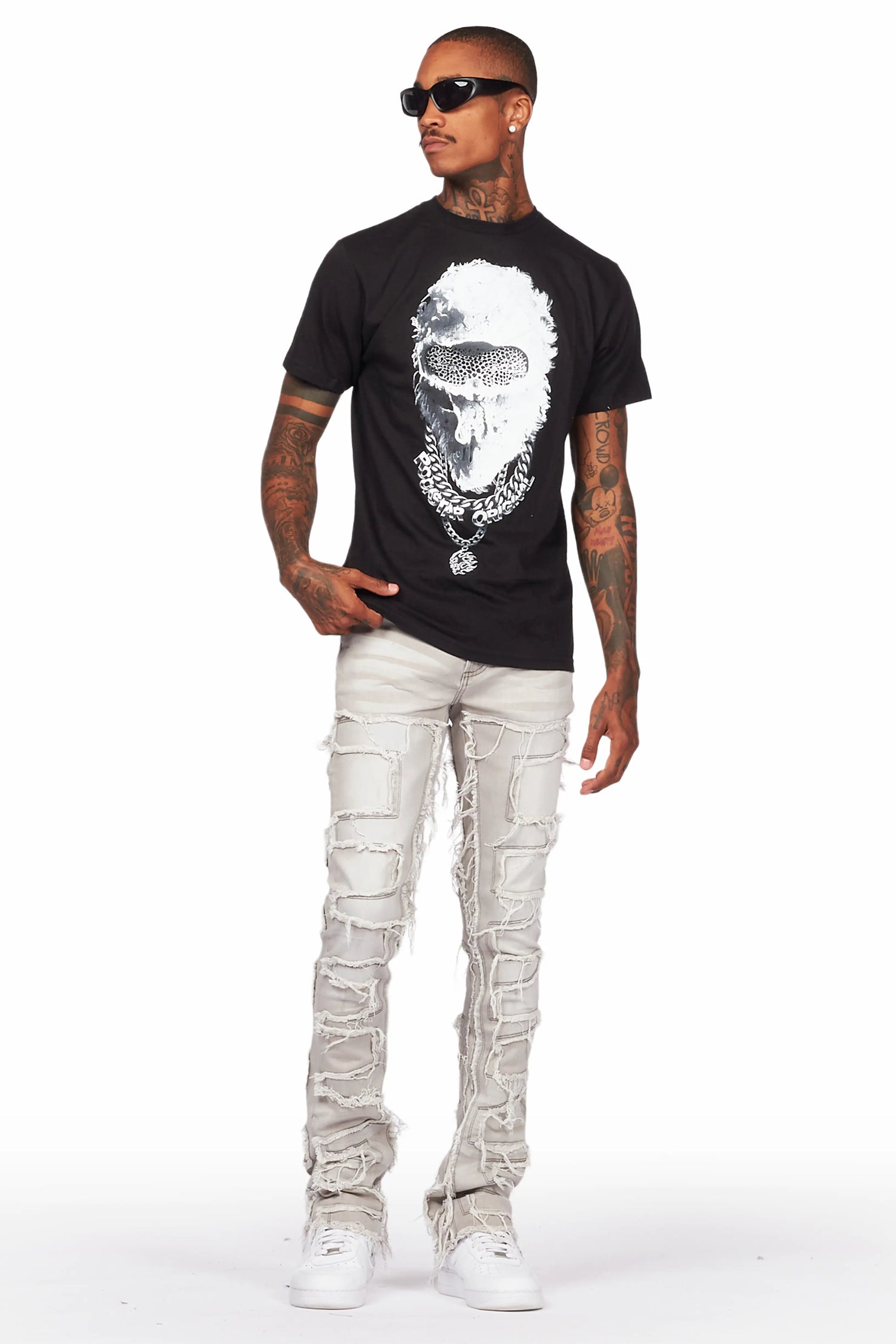 Ponce Black T-Shirt & Shake Grey Stacked Flare Jean Bundle