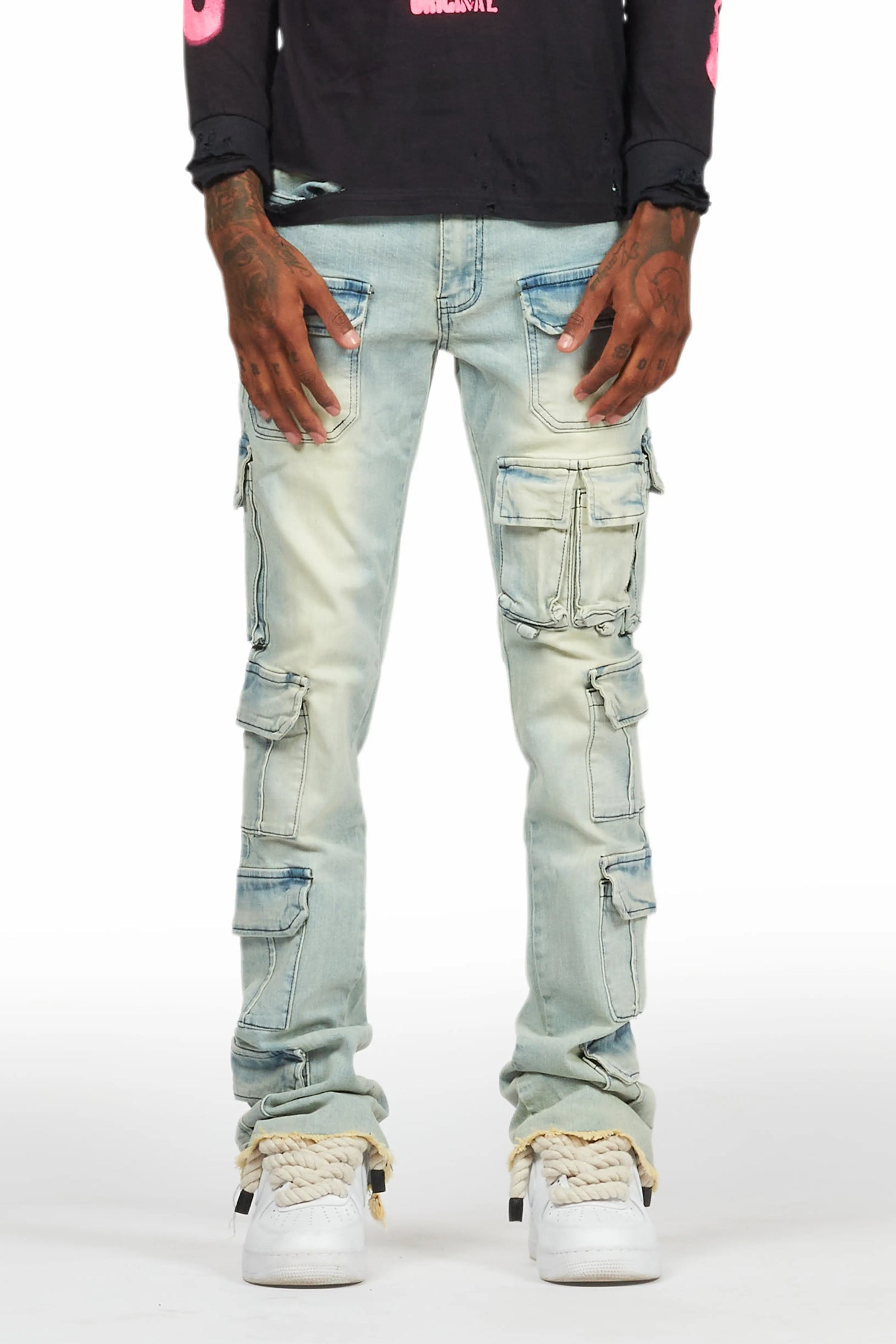 Valery Blue Stacked Flared Cargo Jean