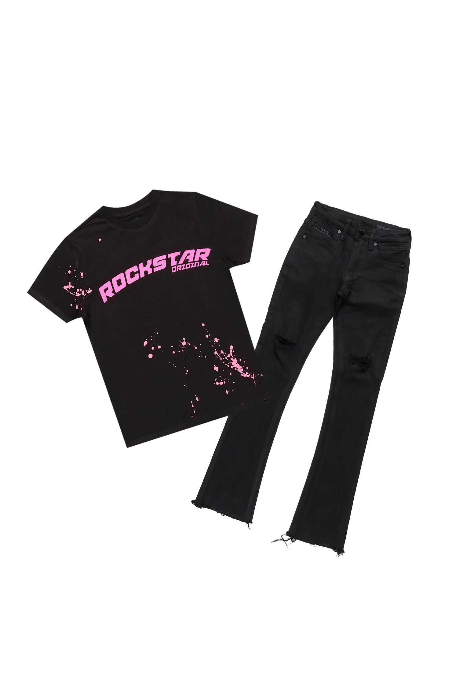 Girls Elmina Black T-Shirt Super Stacked Flare Jean Set