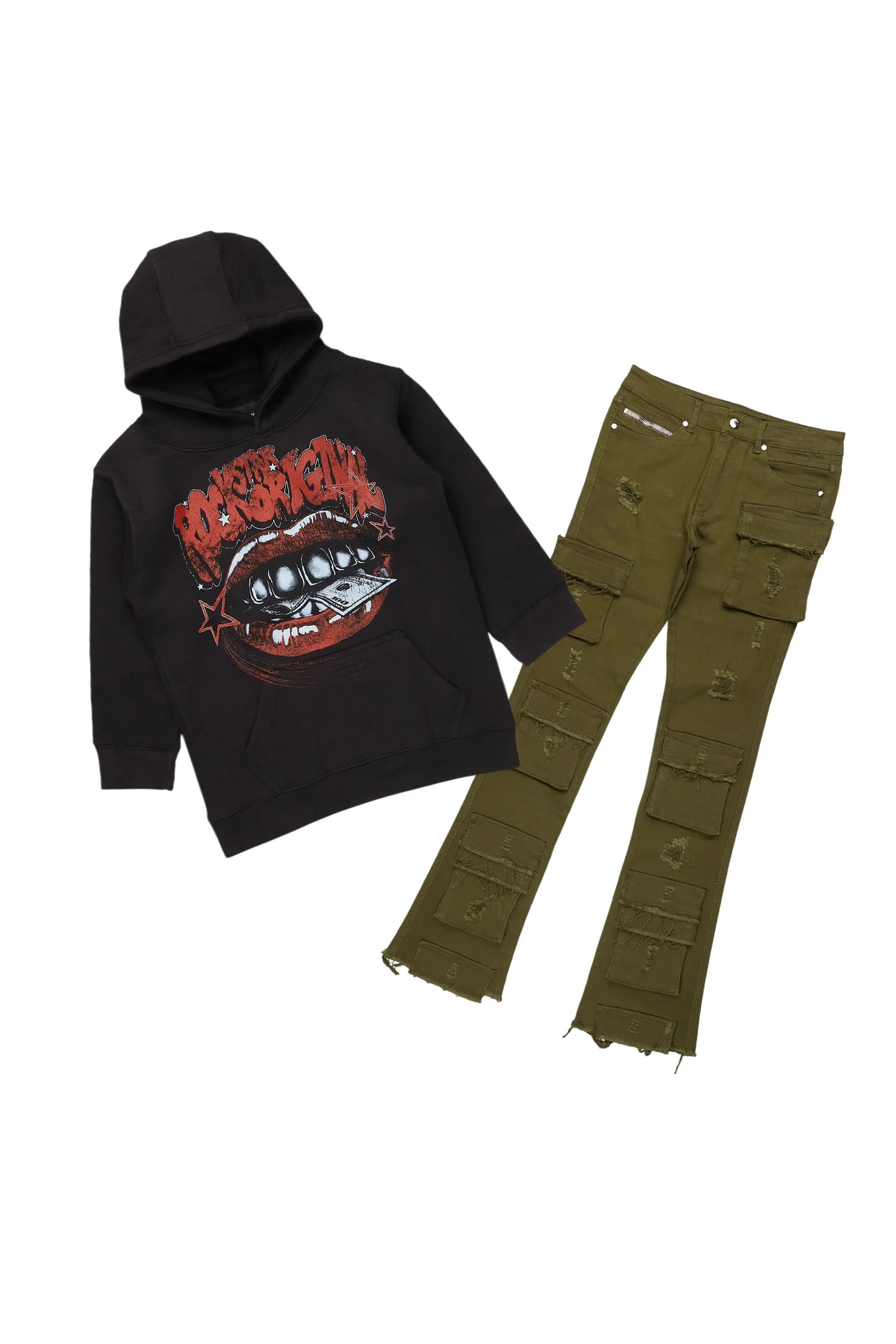 Boys Bloke Black/Green Hoodie/Stacked Flare Jean Set