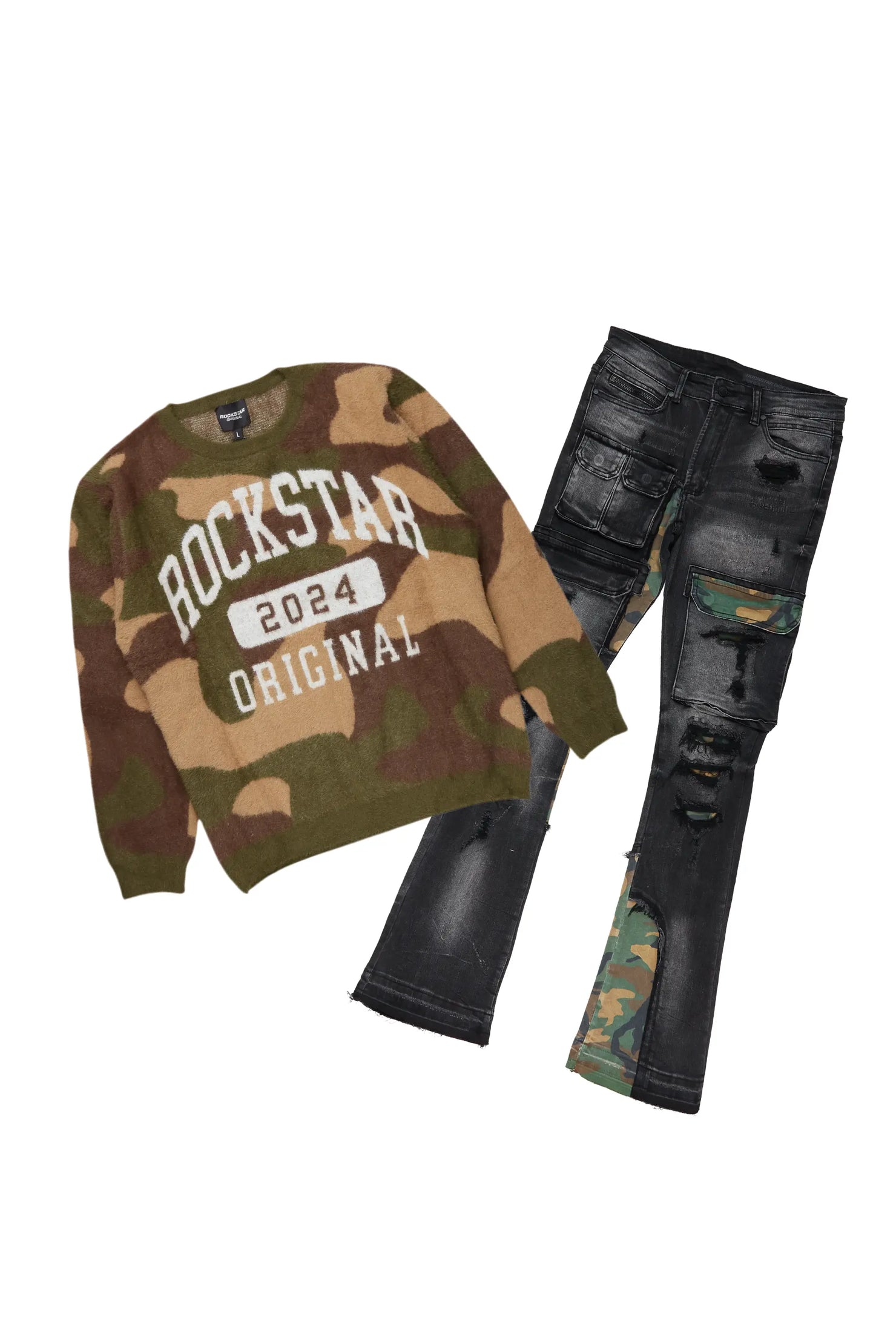 Cavell Camo Knit Sweater & Zeta Stacked Flare Jean Bundle