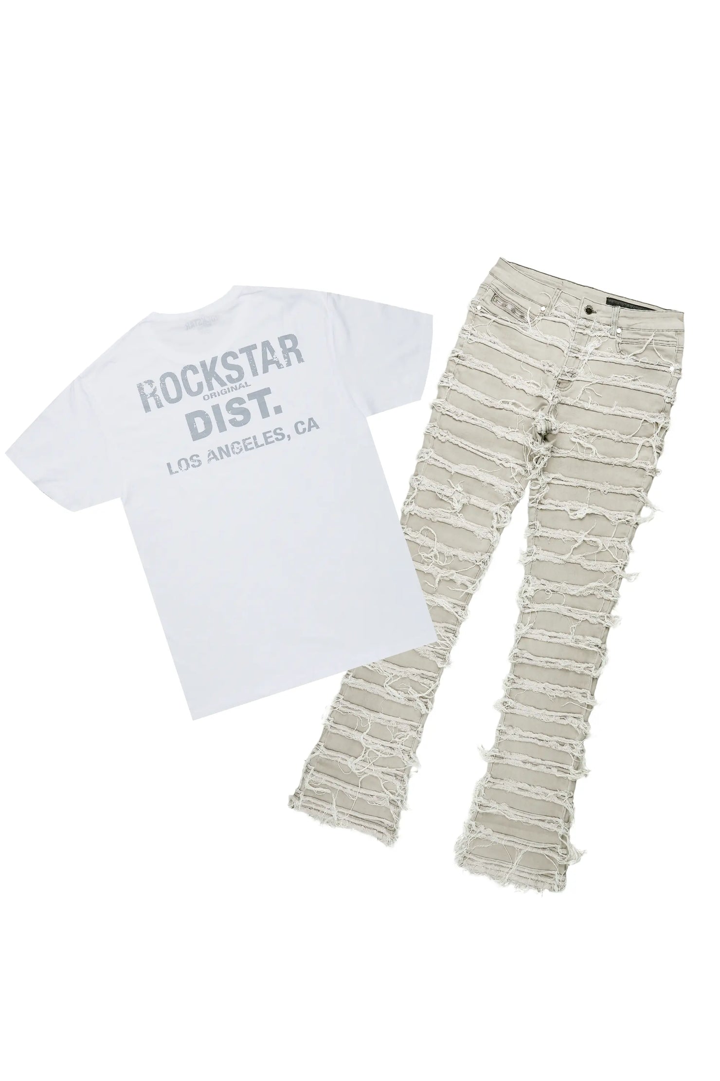 Lake White T-Shirt & Ayan Grey Stacked Flare Jean Bundle