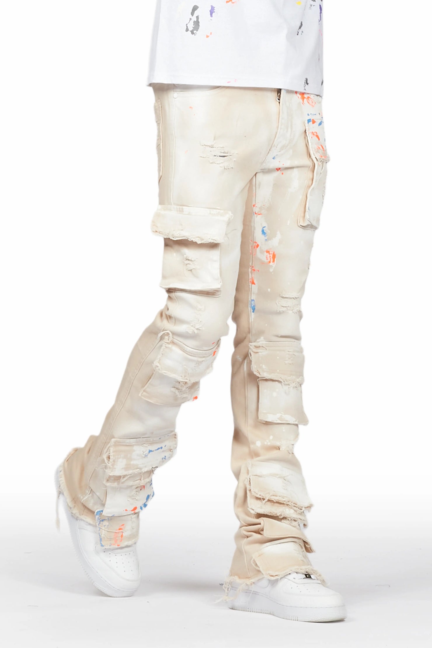 Parees Beige Painter Stacked Flare Jean