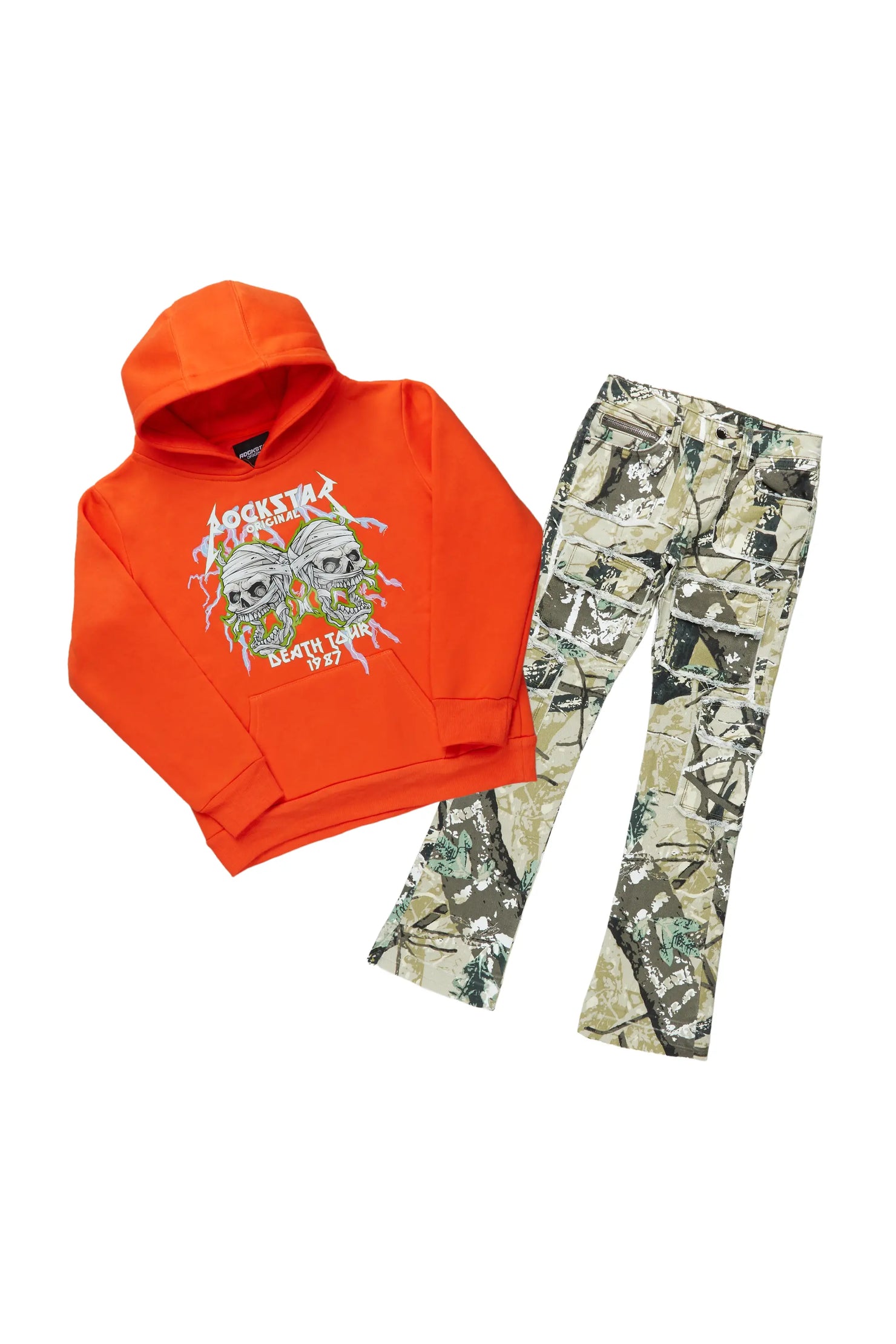 Boys Clayy Orange Hoodie/Tree Camo Stacked Flare Jean Set