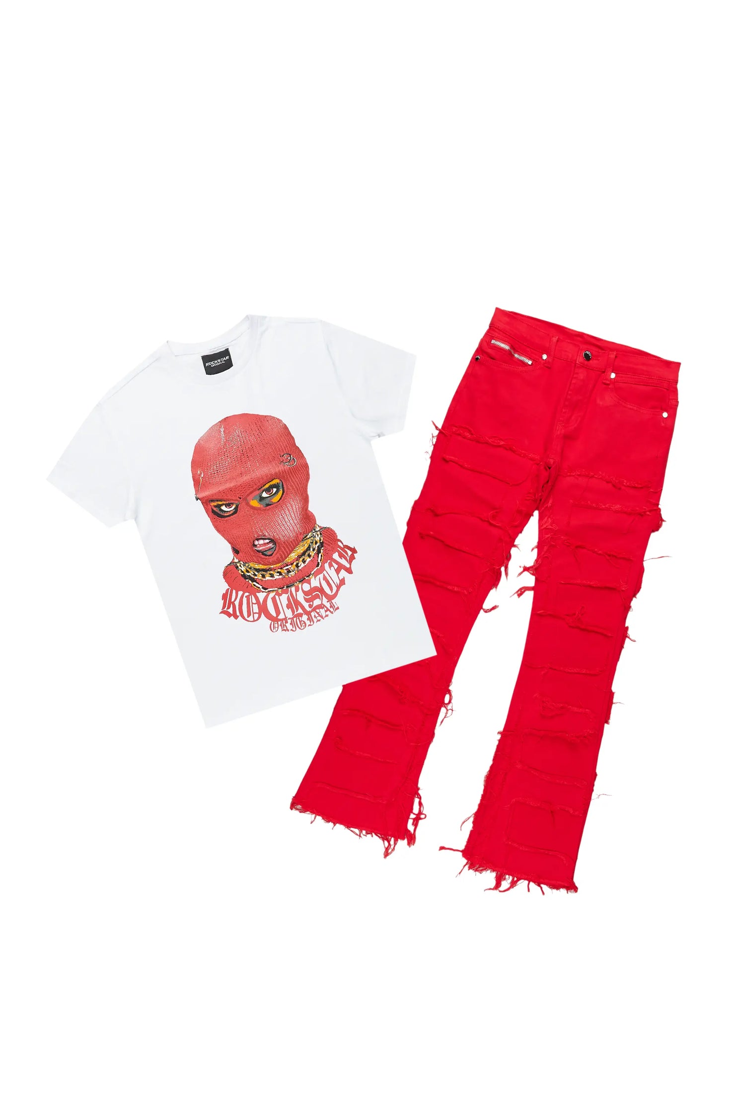 Boys Musa White/Red T-Shirt/Stacked Flare Jean