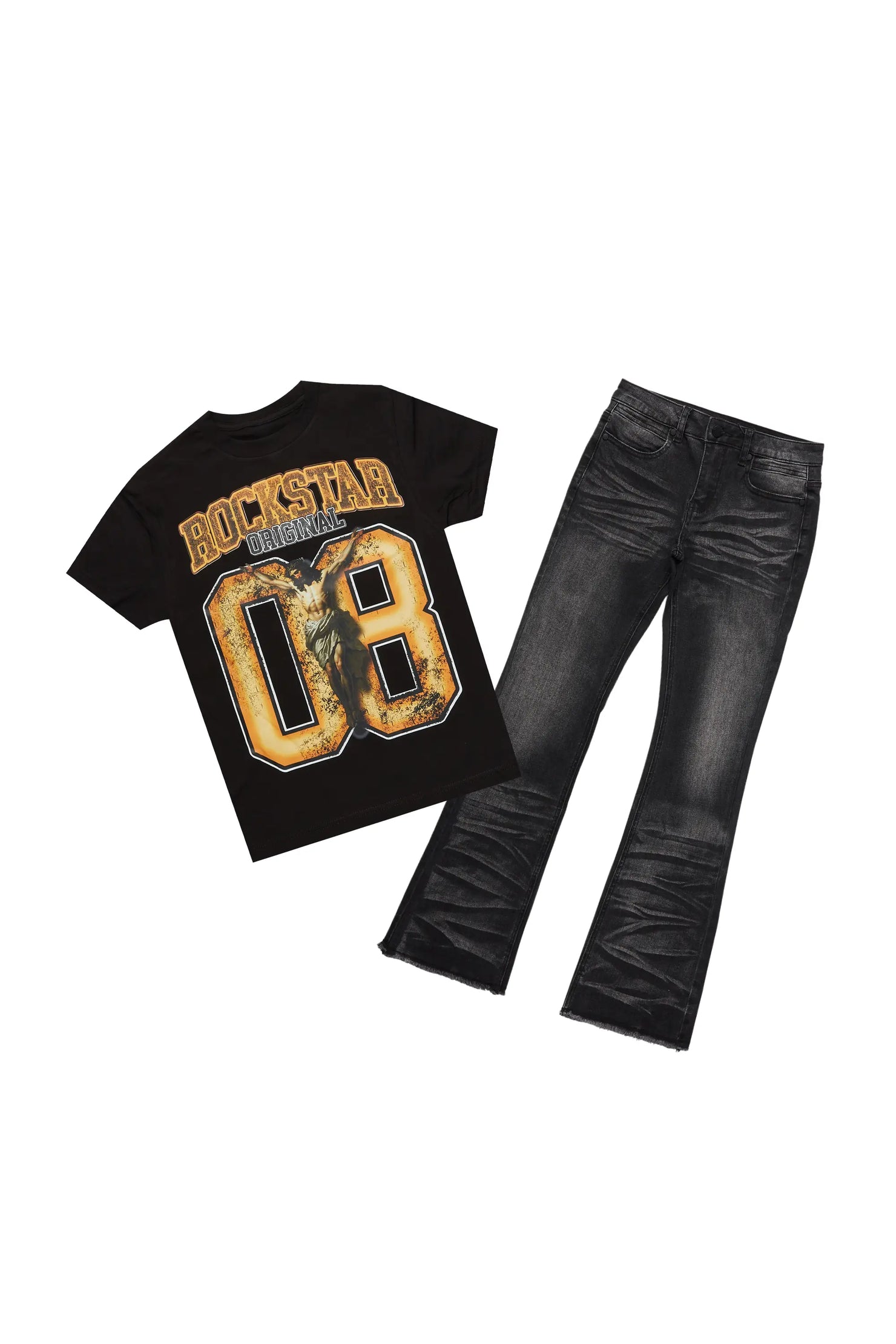 Boys Fields Black/Orange T-Shirt/Stacked Flare Jean Set