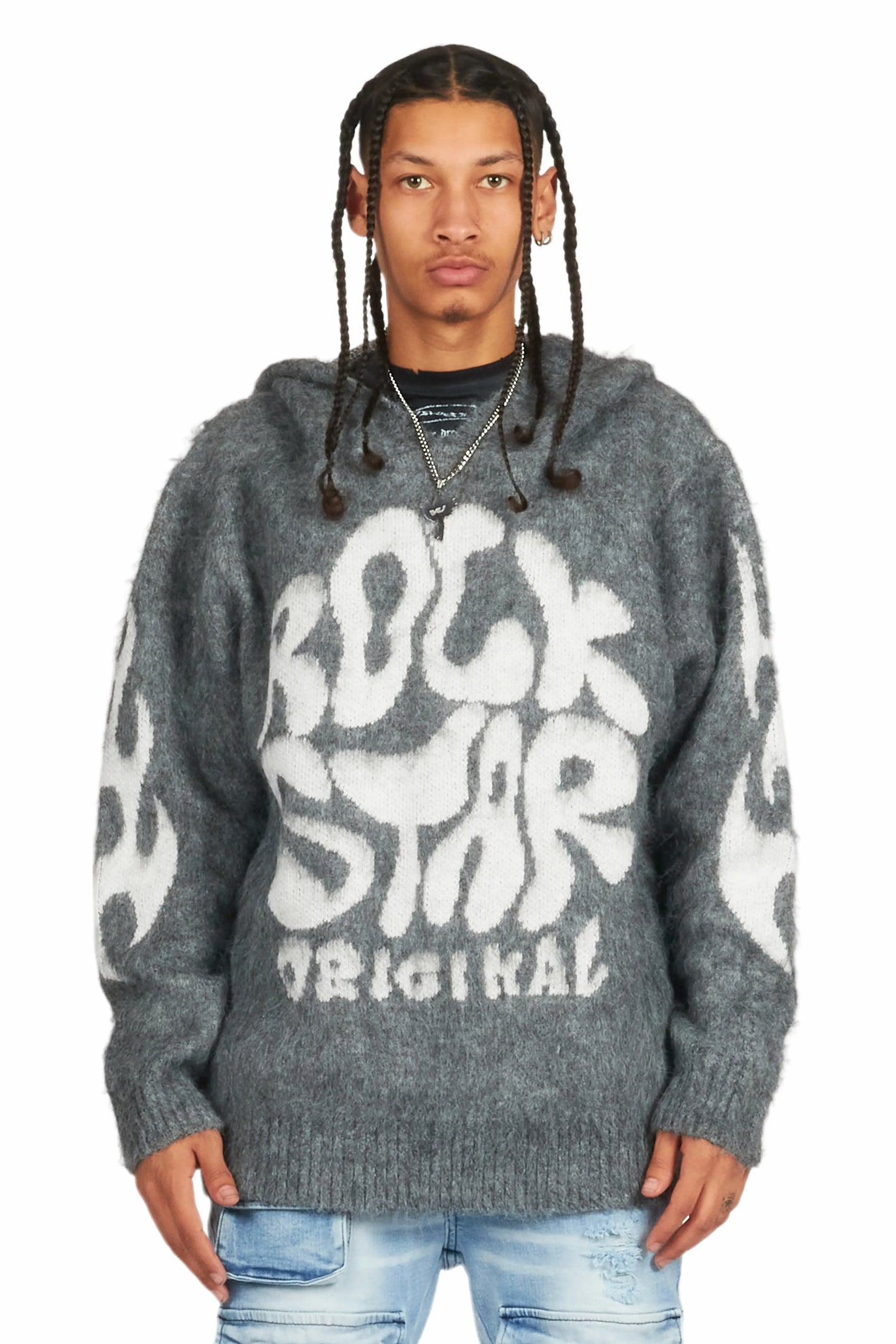 Hakon Grey Graphic Knitted Mohair Hoodie