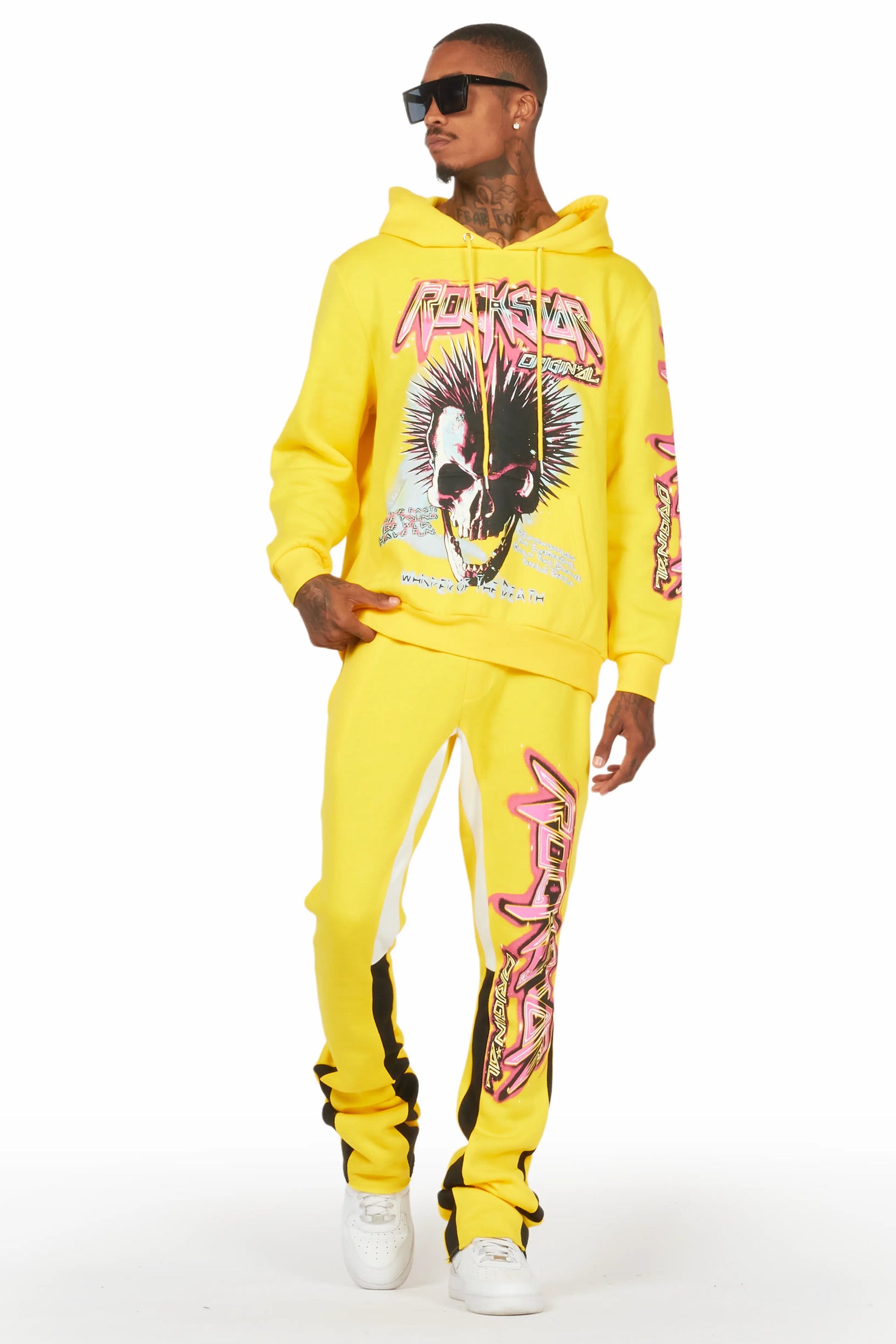 Obern Yellow Graphic Hoodie/Stacked Flare Pant Track Set