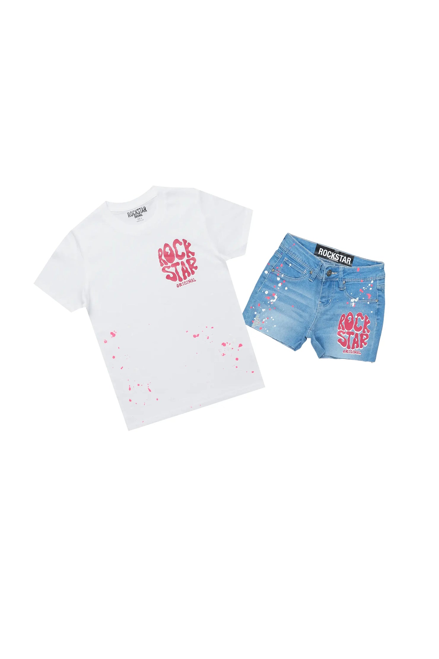 Girls Adrina White/Blue T-Shirt Denim Short Set