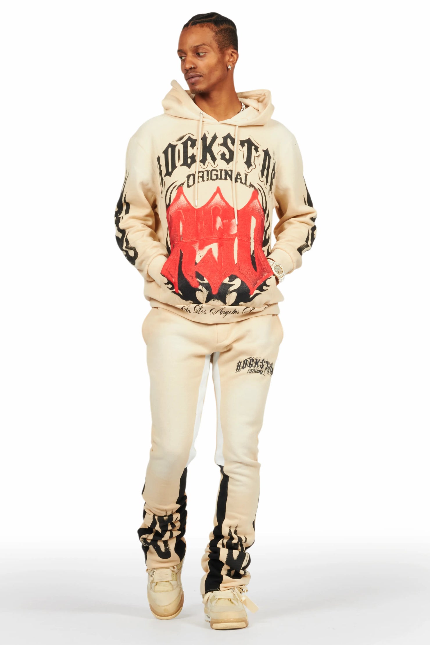 Boaz Beige Stacked Flare Hoodie Track Set