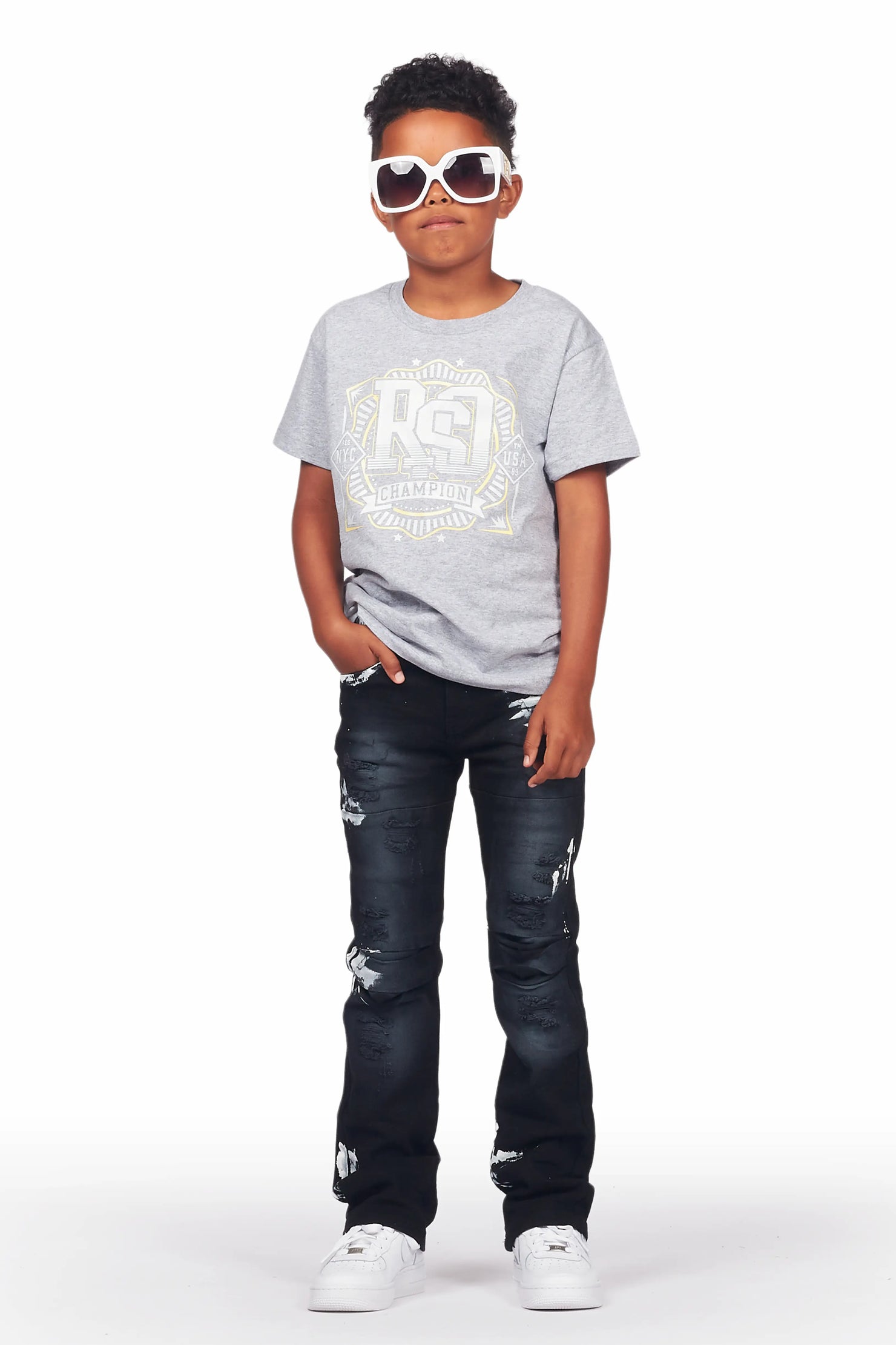 Boys Kane Black Painter Stacked Flare Jean