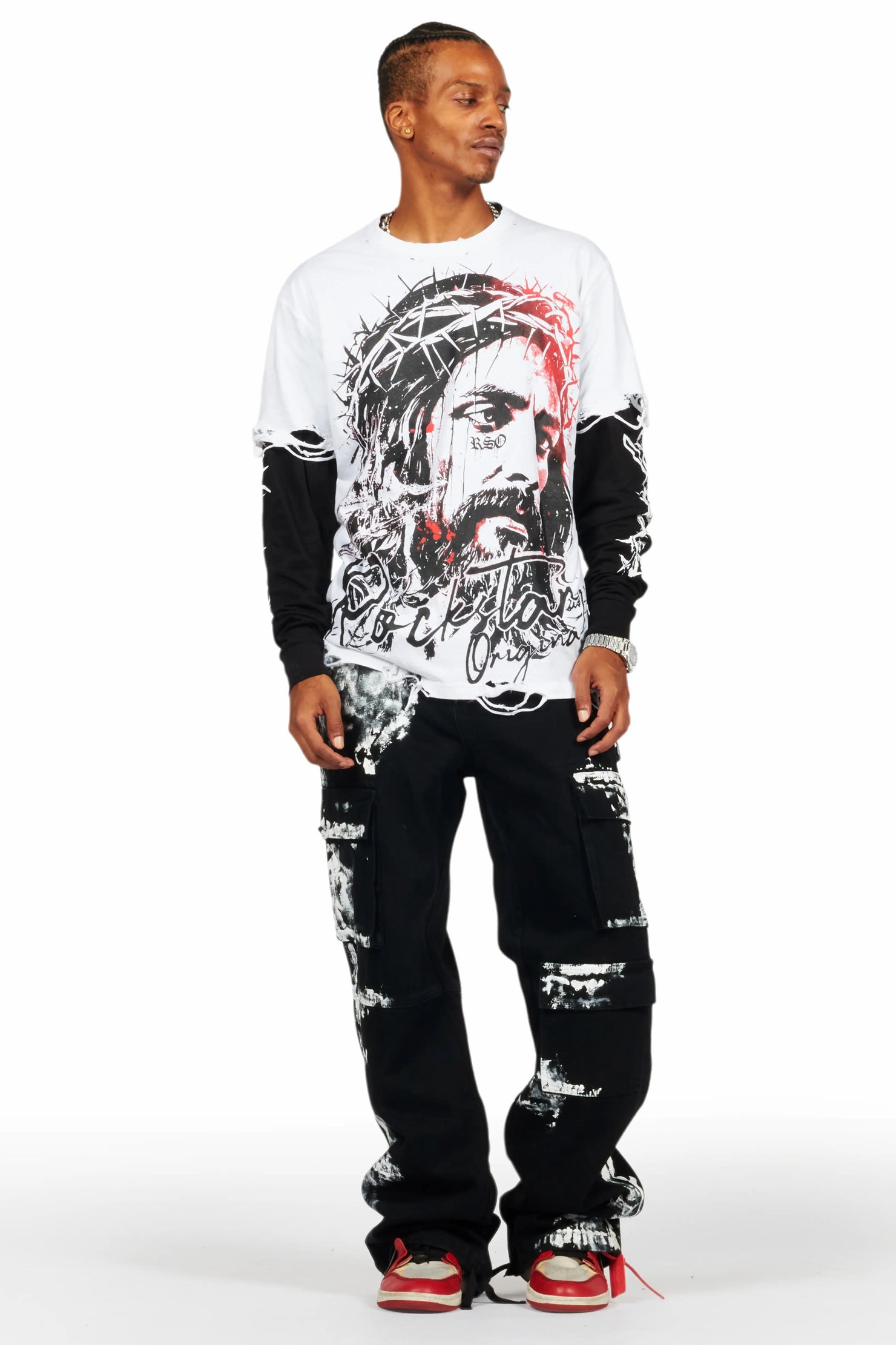 Bedros White Double Layer Long Sleeve Graphic T-Shirt