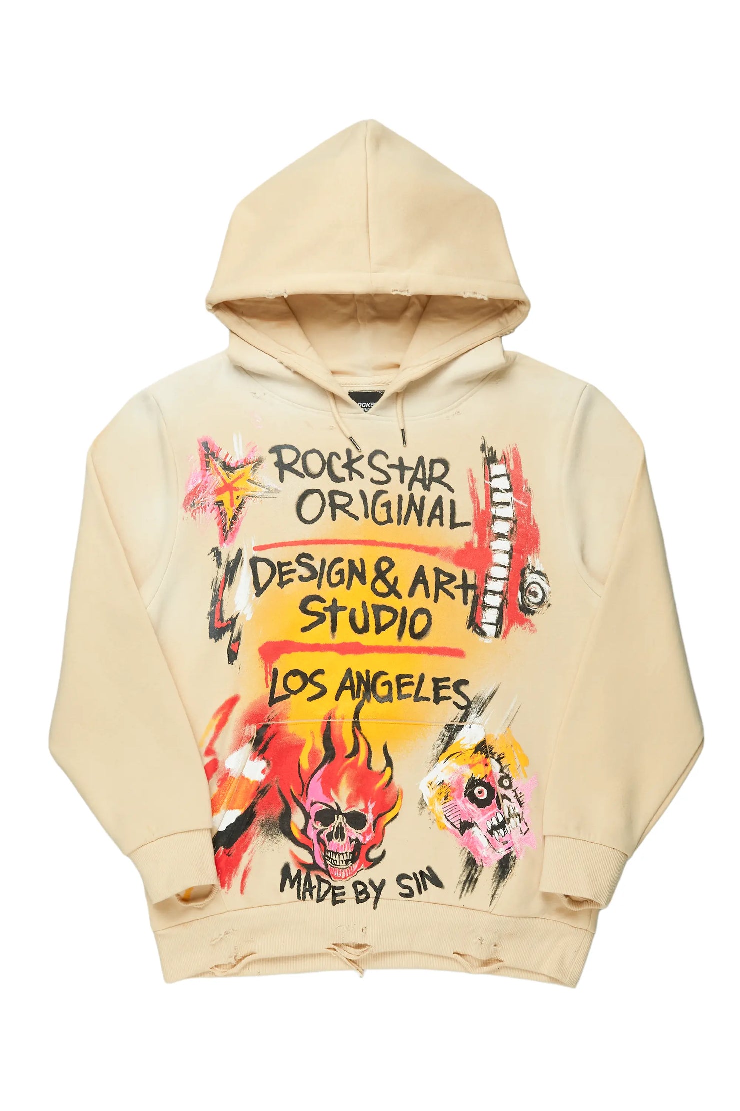 Soweto Beige Distressed Graphic Hoodie