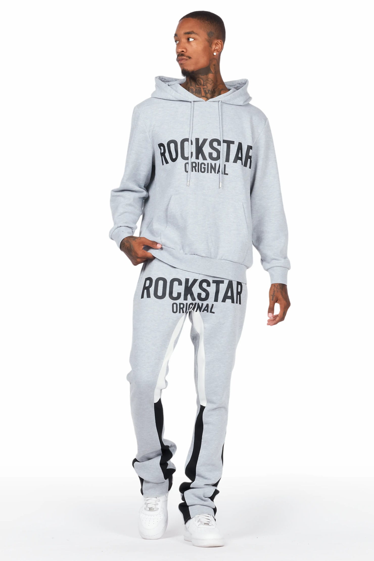 Lister Heather Grey/Black Graphic Hoodie/Stacked Flare Pant Track Set