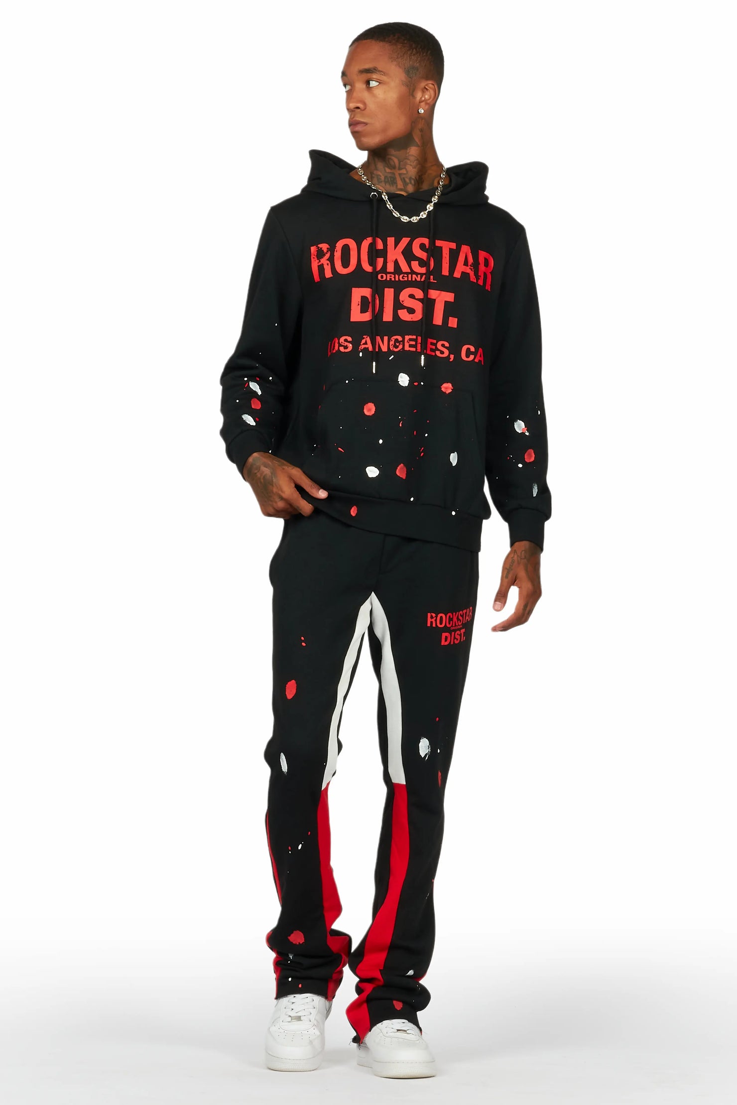 Scottie Black/Red Paint Splatter Hoodie/Stacked Flare Pant Set