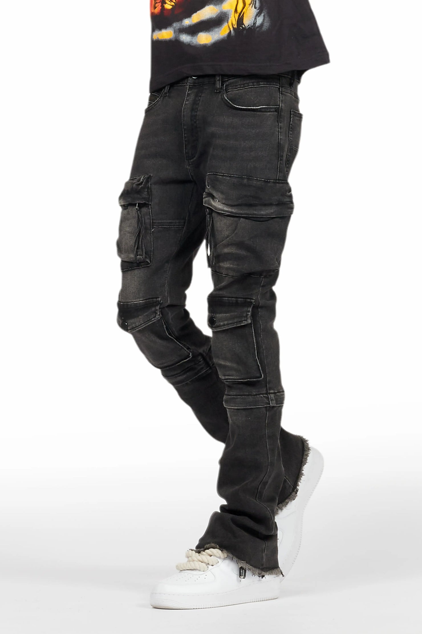 Jan Black Stacked Flare Cargo Jean