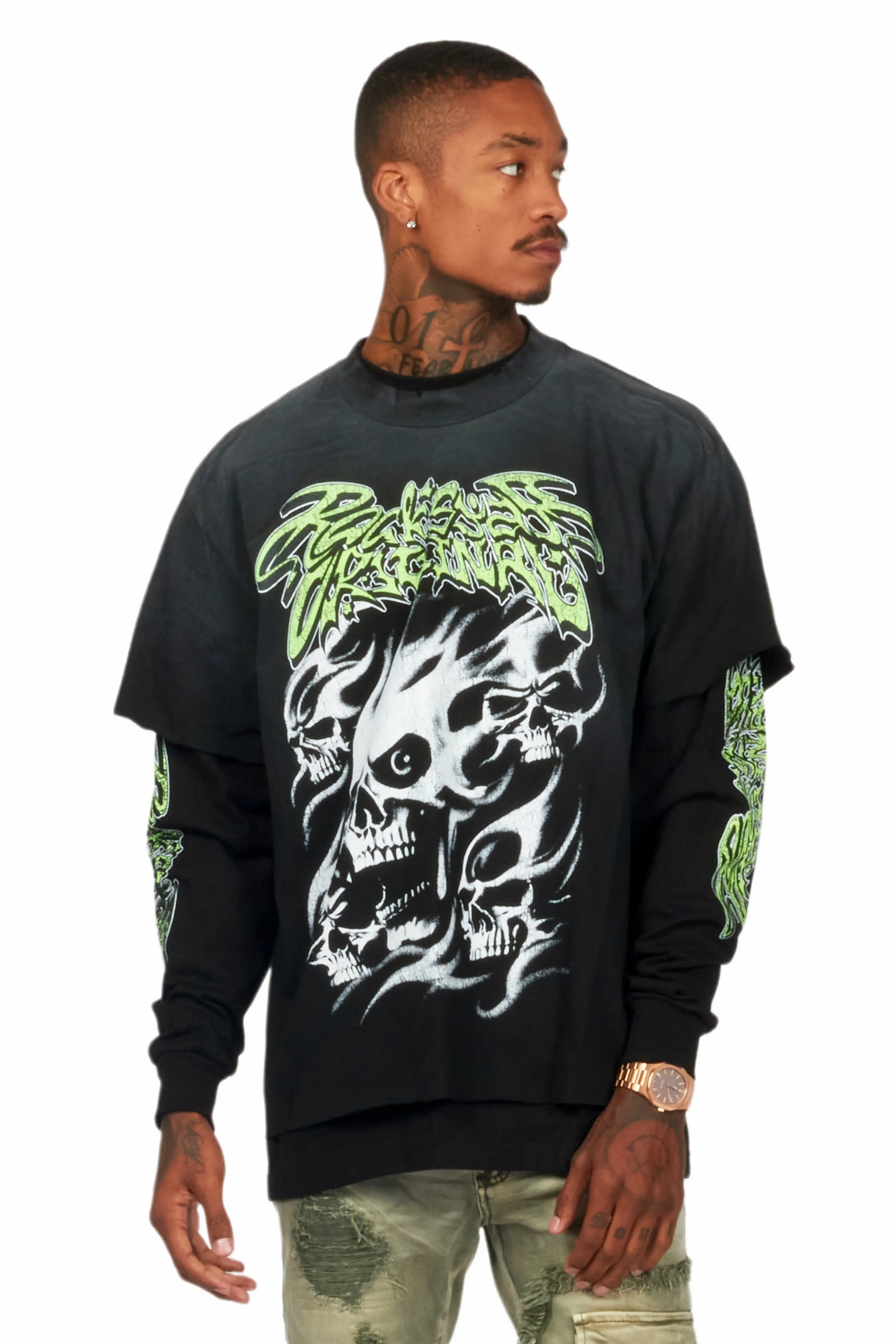 Schtupp Black Double Layer Long Sleeve Graphic T-Shirt