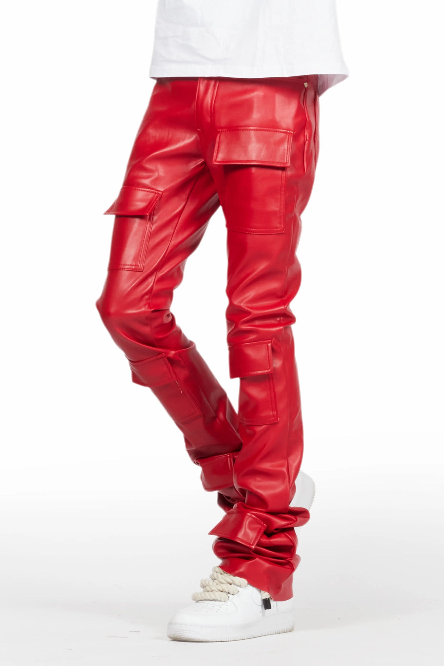 Petrus Red PU Stacked Flare Leather Jean