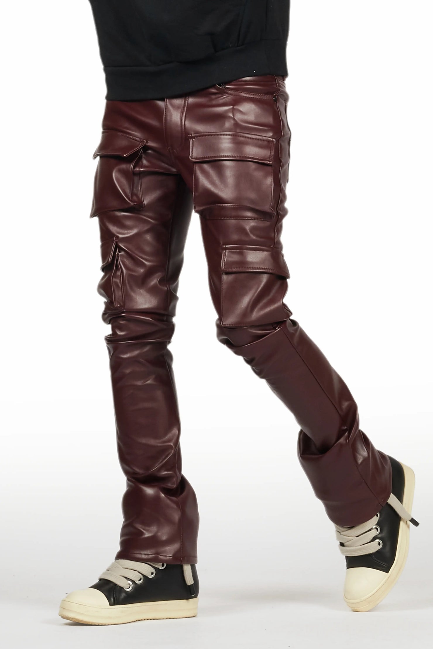 Kap Burgundy Stacked Flare Faux Leather Jean