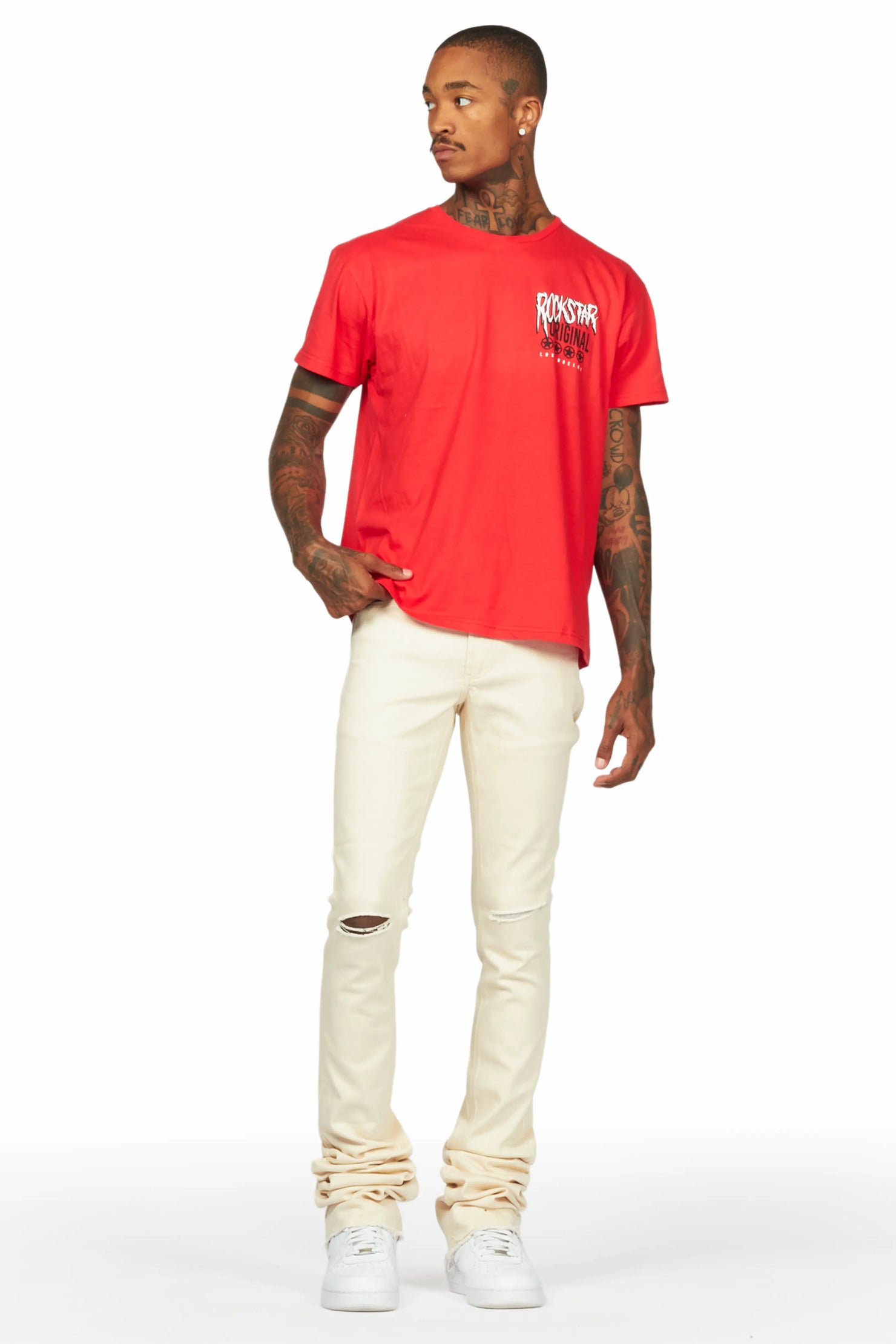 Wizzurd Red T-Shirt & Josiah Beige Super Stacked Flare Jean Bundle