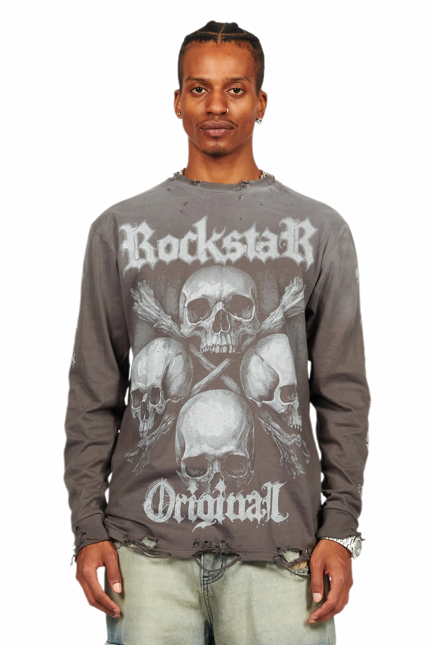 Skulls Charcoal Long Sleeve Graphic T-Shirt