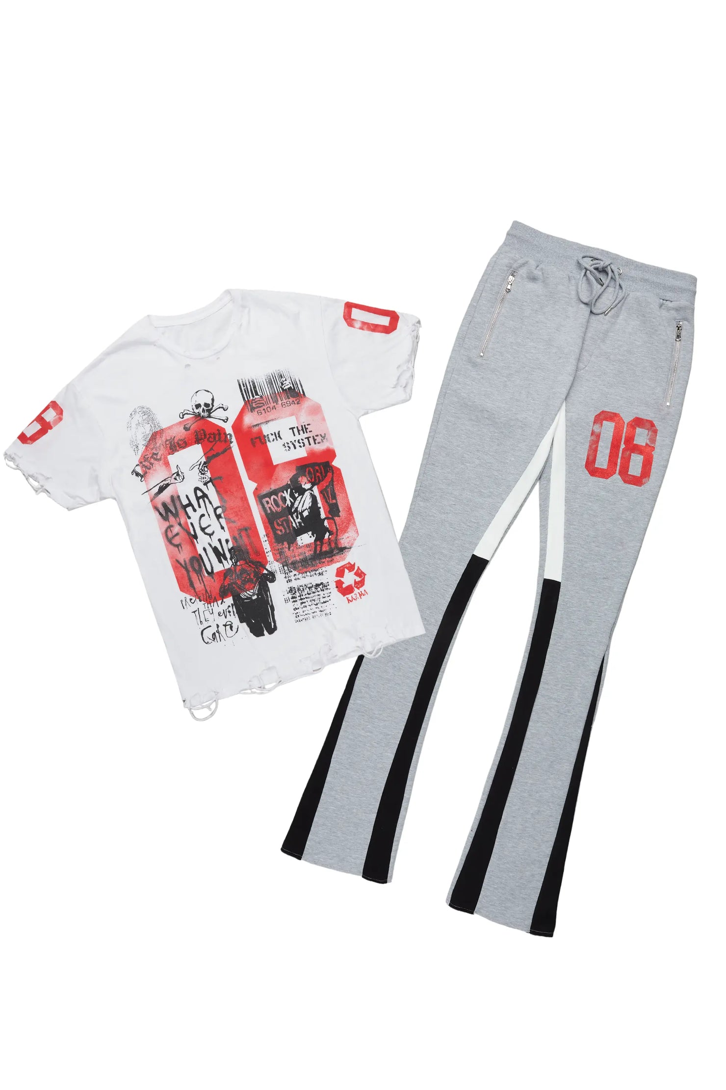 Grill White/Grey Oversized T-Shirt/Stacked Track Set