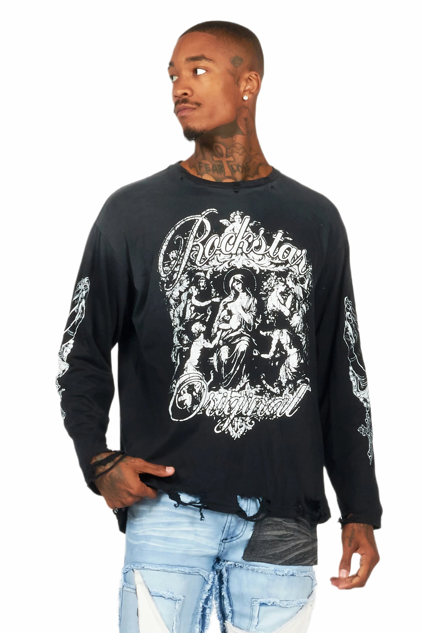 Vamp Black Long Sleeve Distressed Graphic T-Shirt