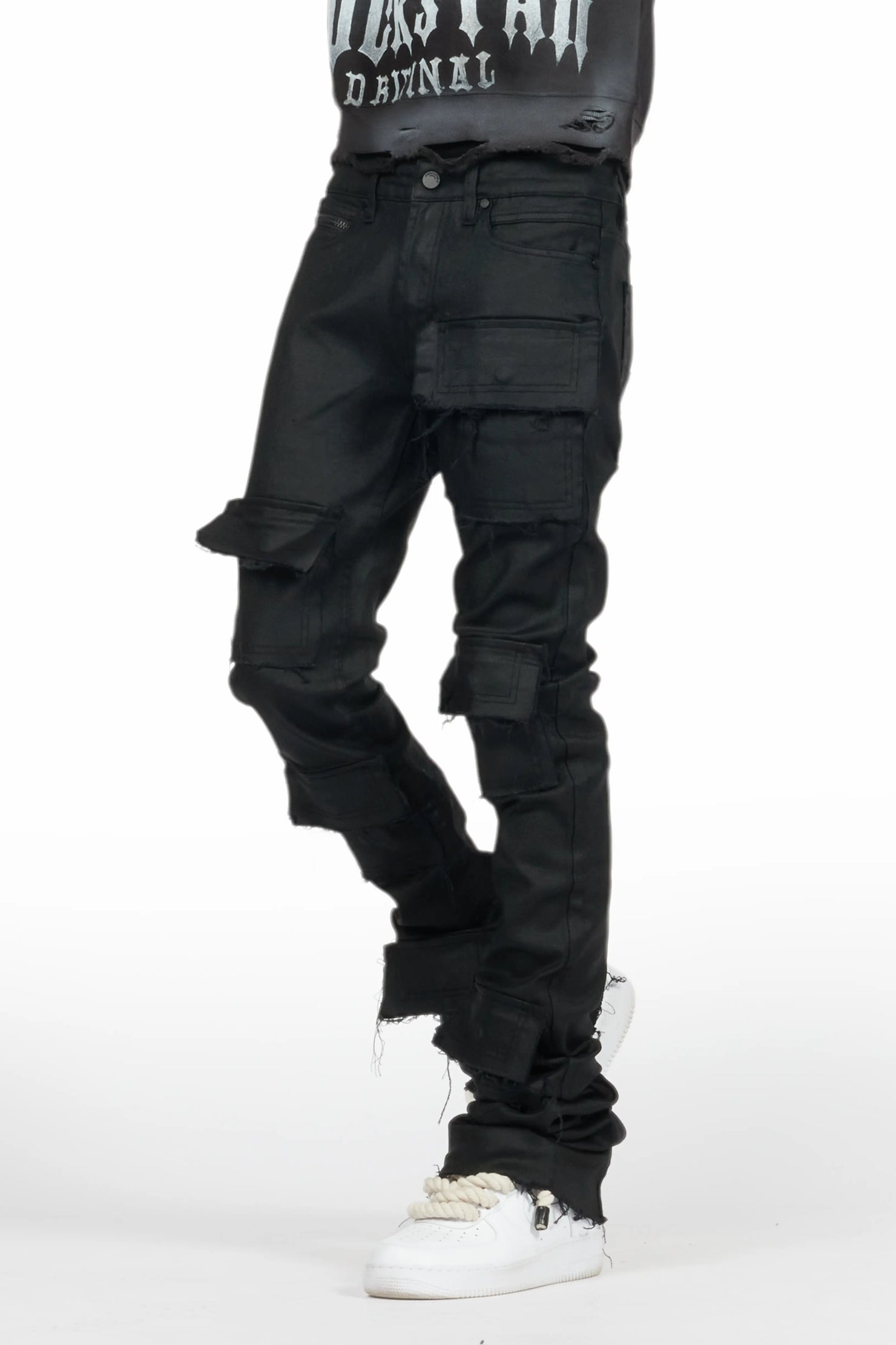 Petrus Black Coated Super Stacked Flare Jean