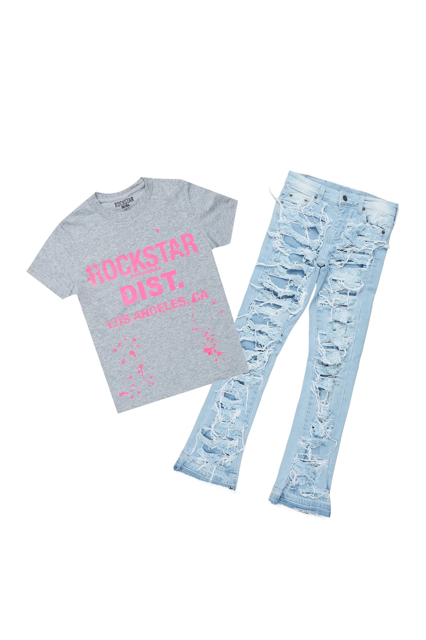 Girls Genie Grey/Blue T-Shirt/Stacked Flare Jean Set