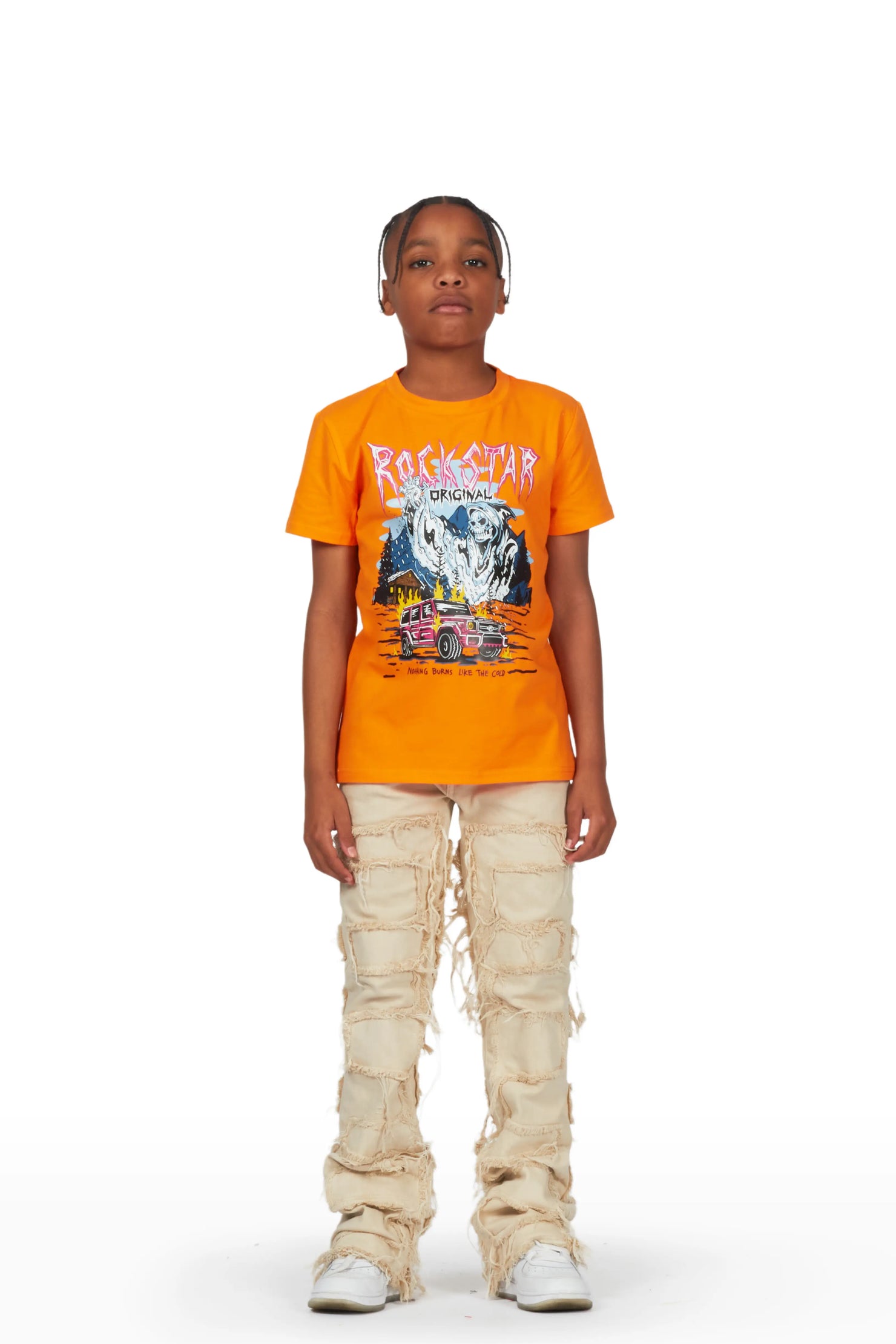 Boys Dale Orange T-Shirt/Stacked Flare Jean Set