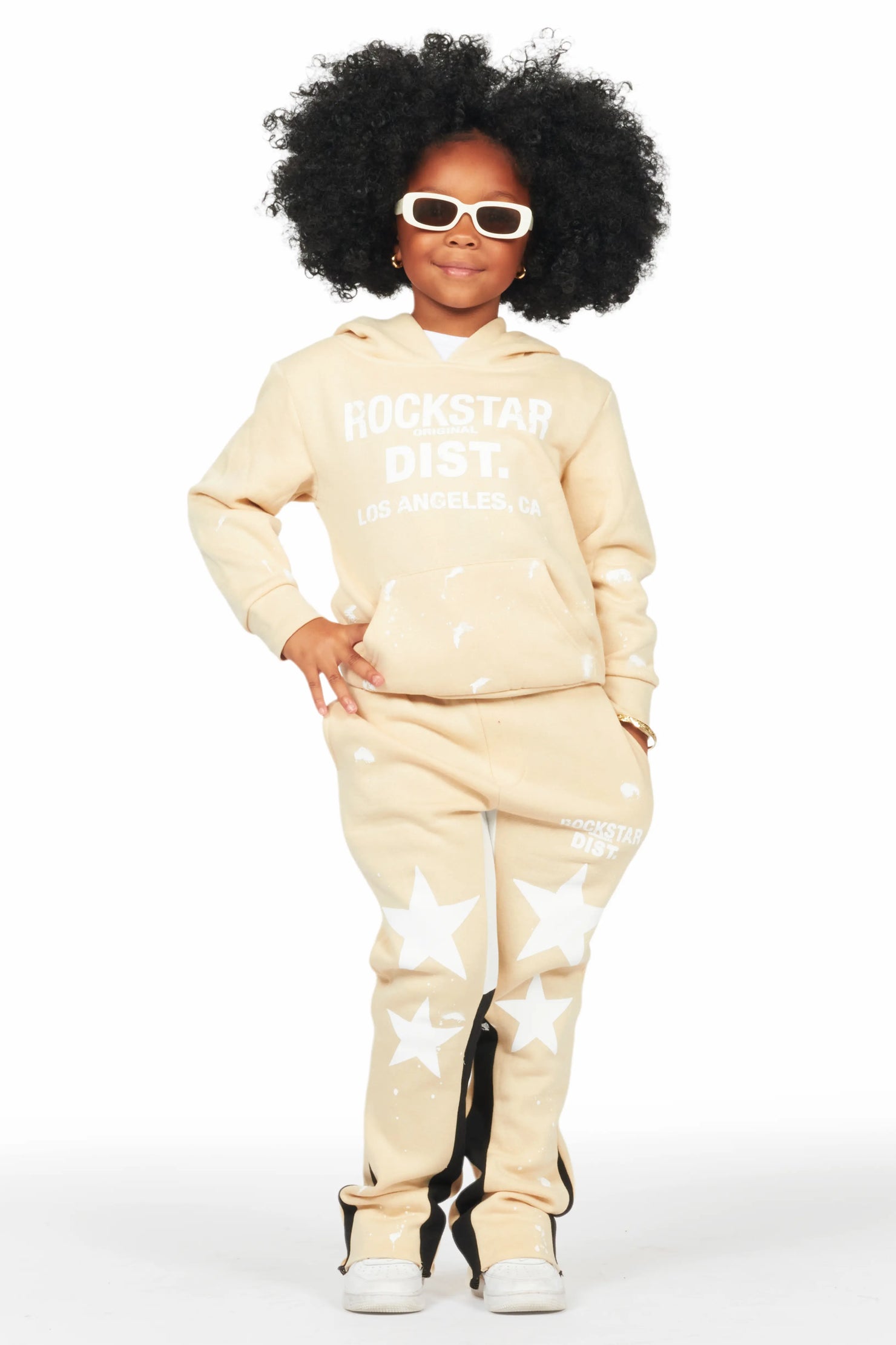 Girls Harlow Beige Hoodie Stacked Flare Track Set