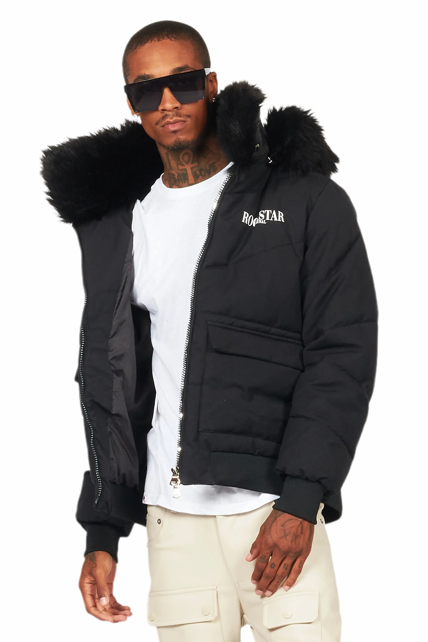 Langston Black Puffer Jacket with Fur Hood