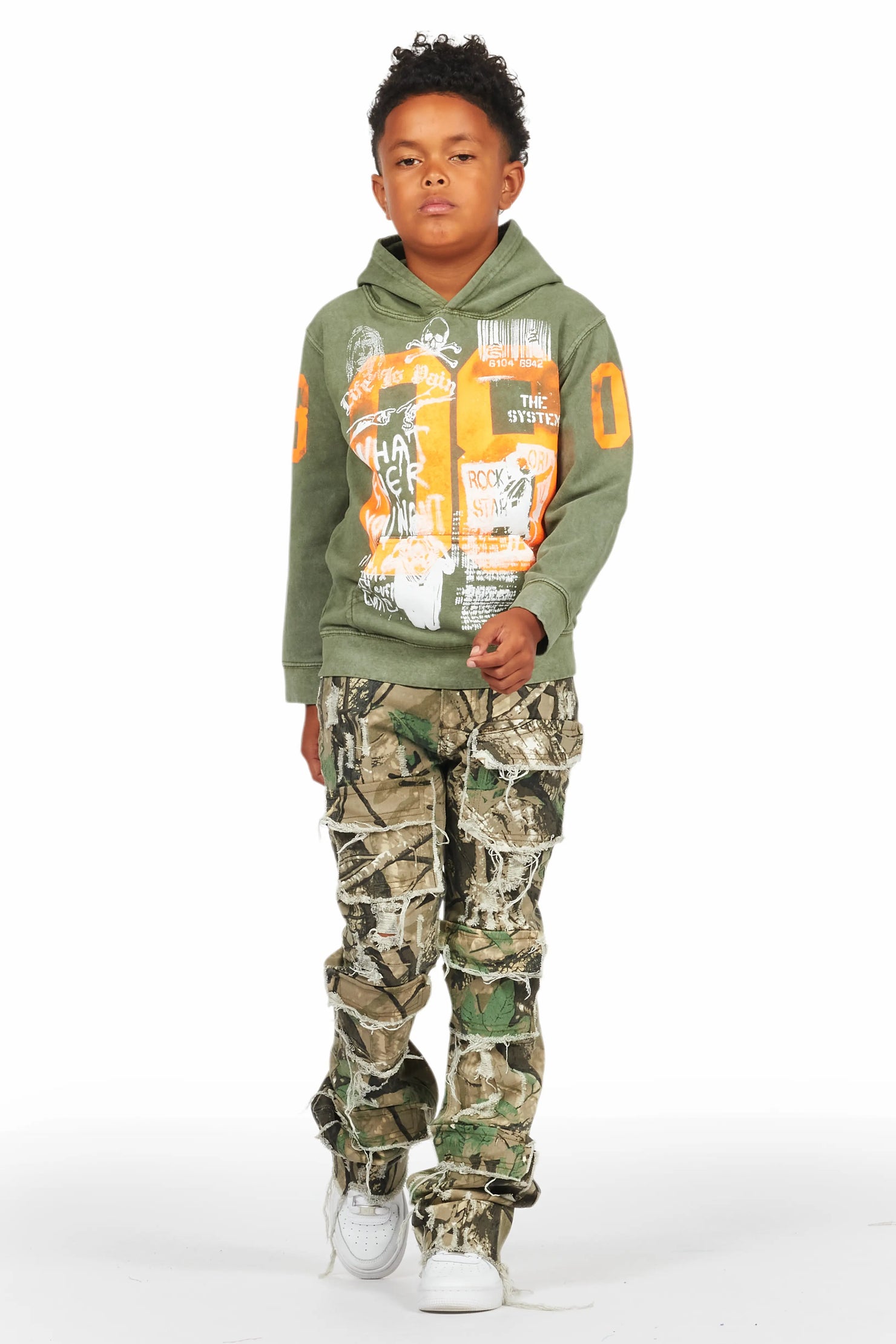 Boys Beau Tree Camo Hoodie/Stack Flare Jean Set