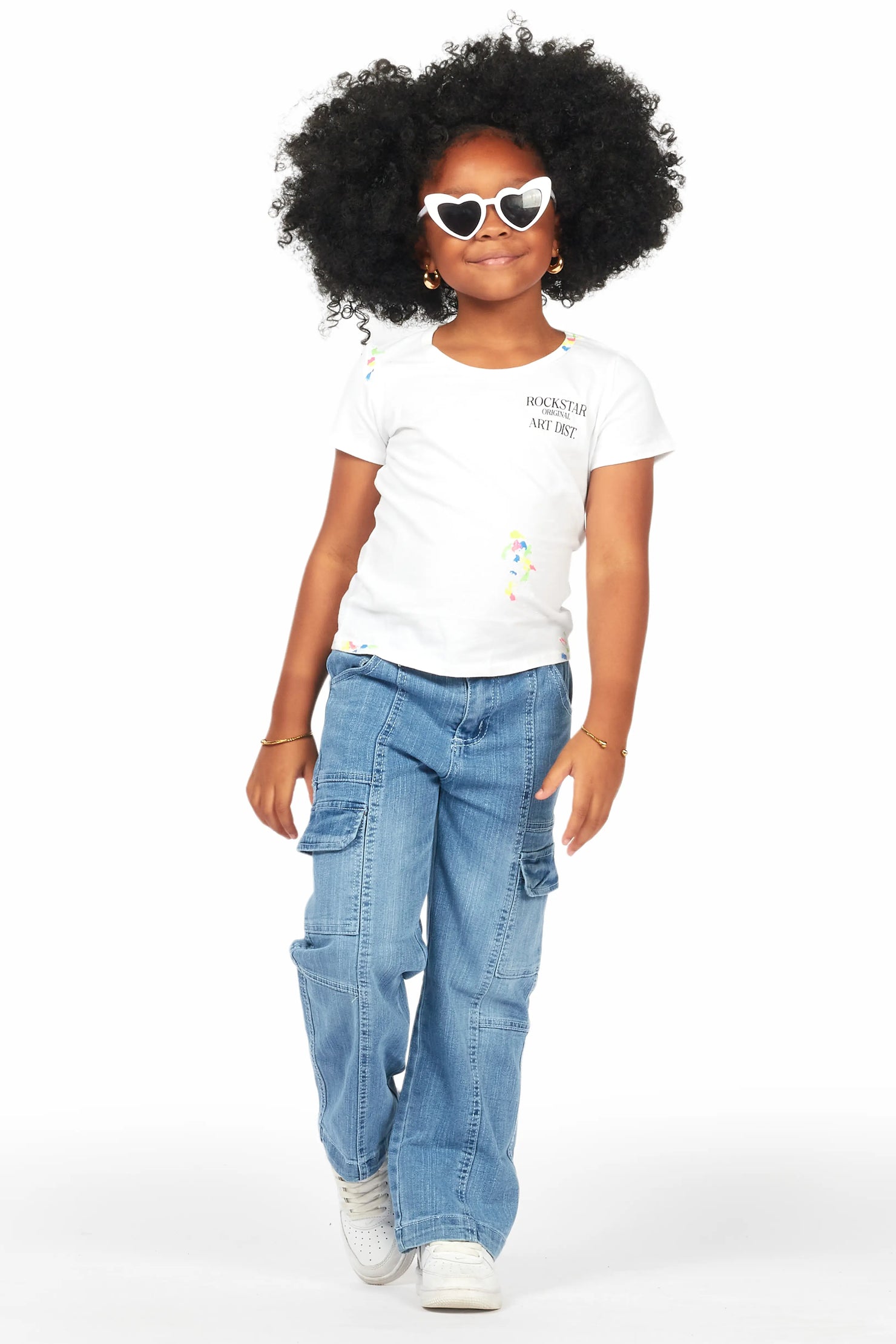 Girls Fatma White T-Shirt Wide Leg Cargo Jean Set