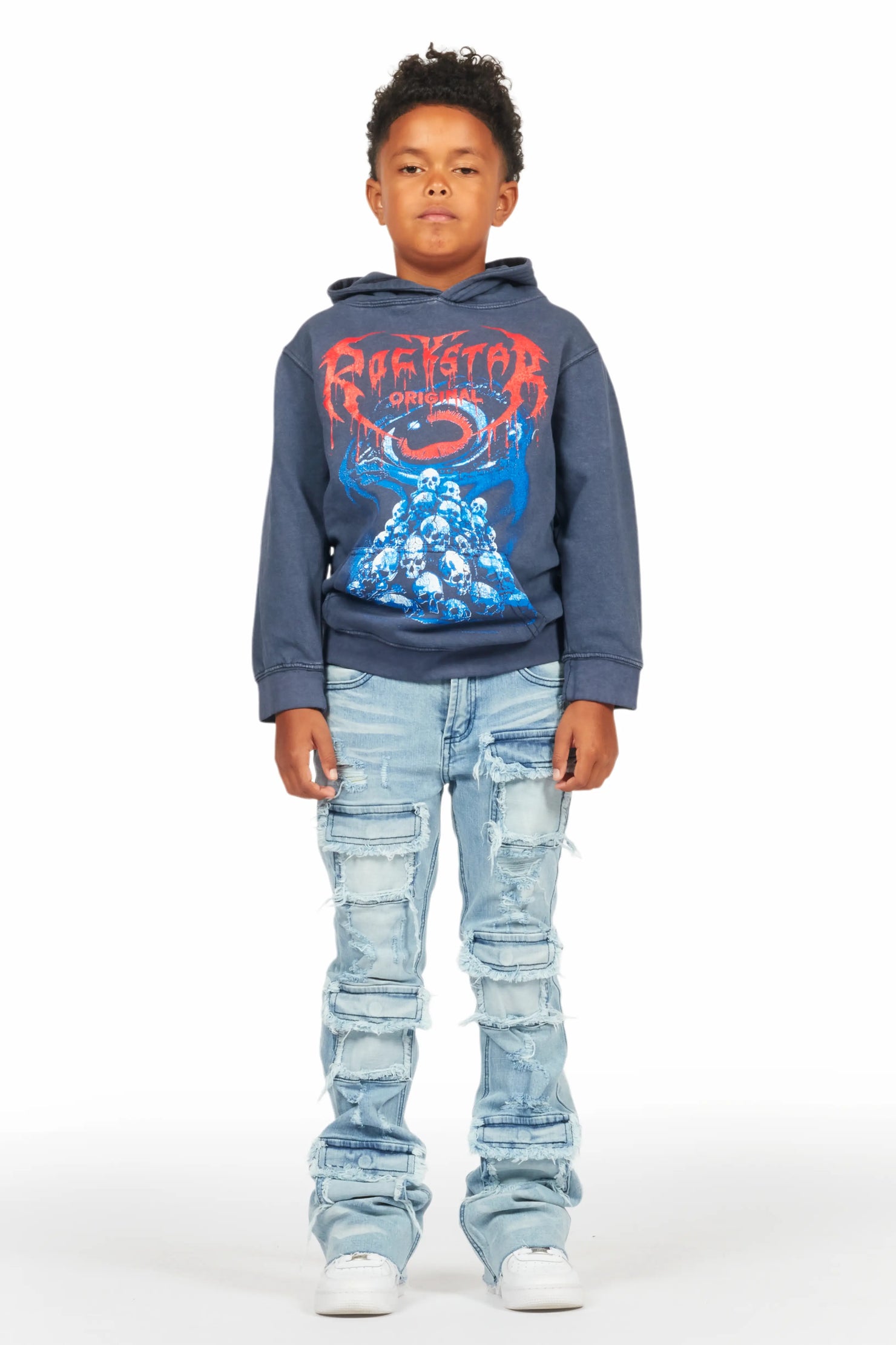 Boys Vicious Vintage Navy Hoodie/Stacked Flare Jean Set