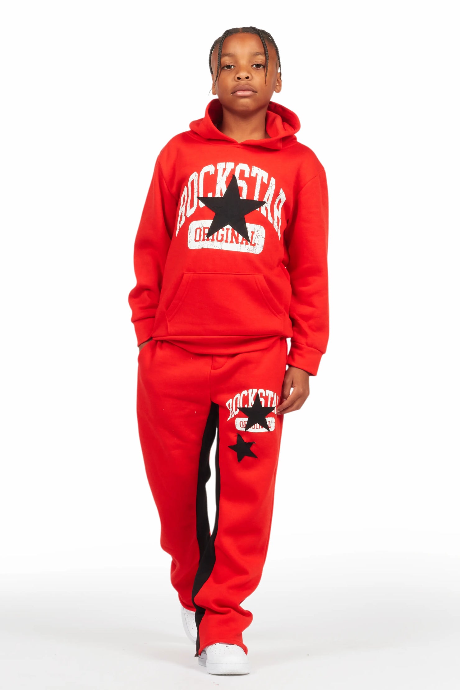 Boys Mallor Red/Black Baggy Stacked Hoodie Track Set