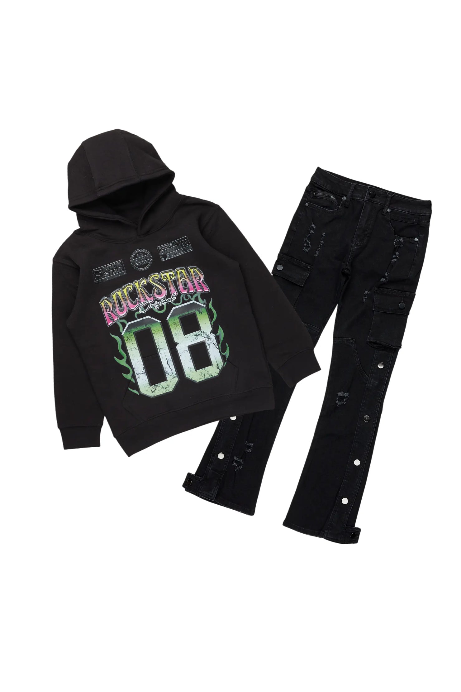 Boys Quito Black Hoodie/Stacked Flare Jean Set