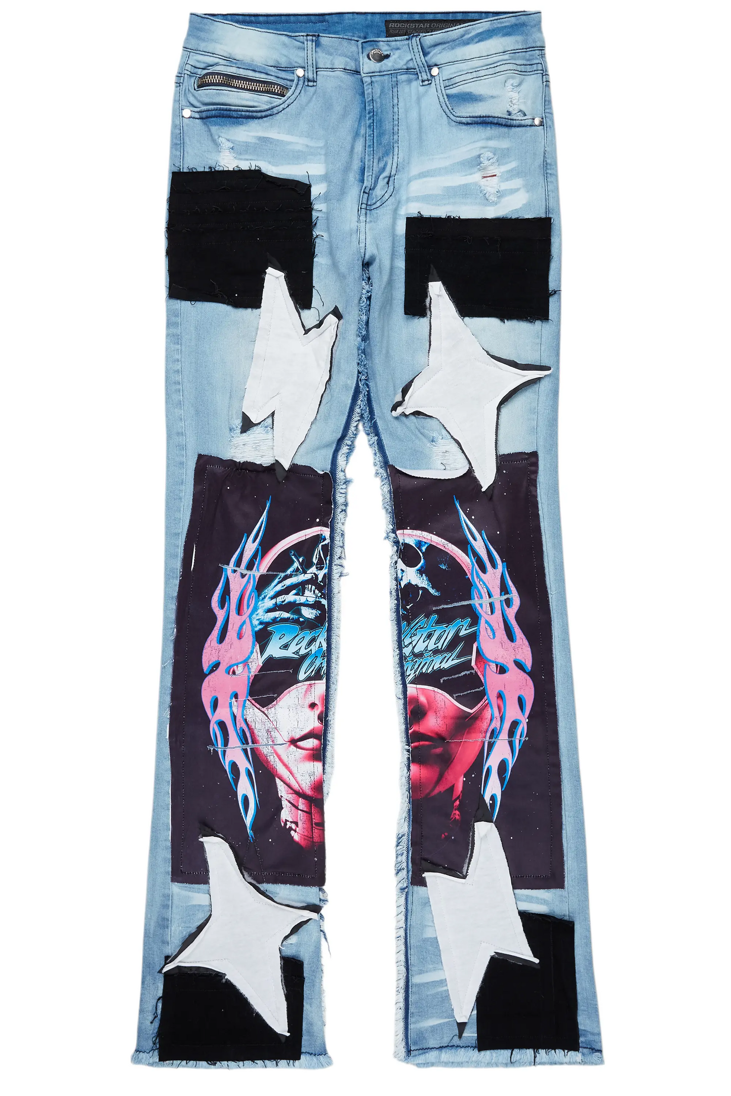 Helios Blue Patchwork Stacked Flare Jean