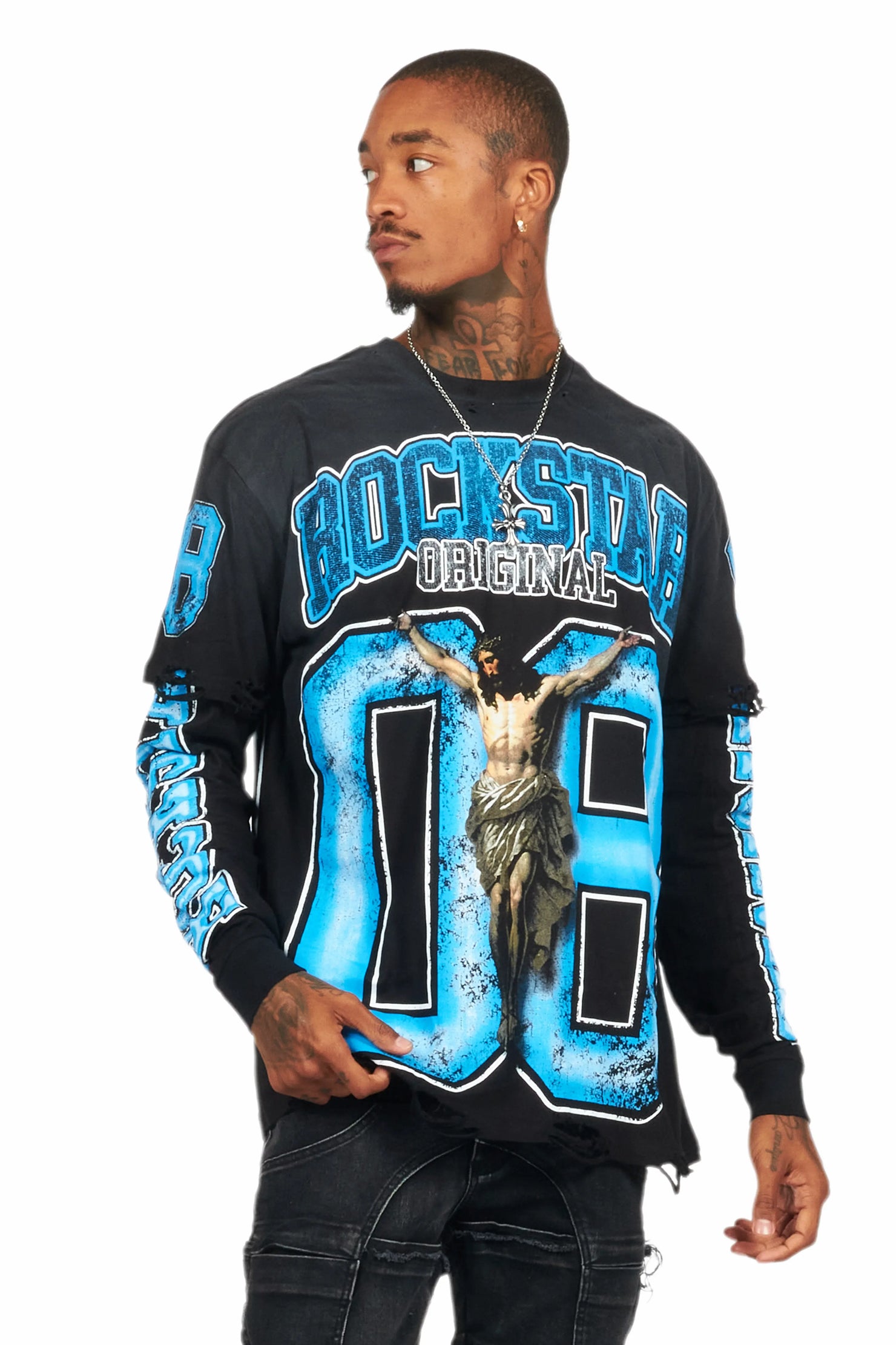 Fields Black/Blue Double Layer Long Sleeve Graphic T-Shirt