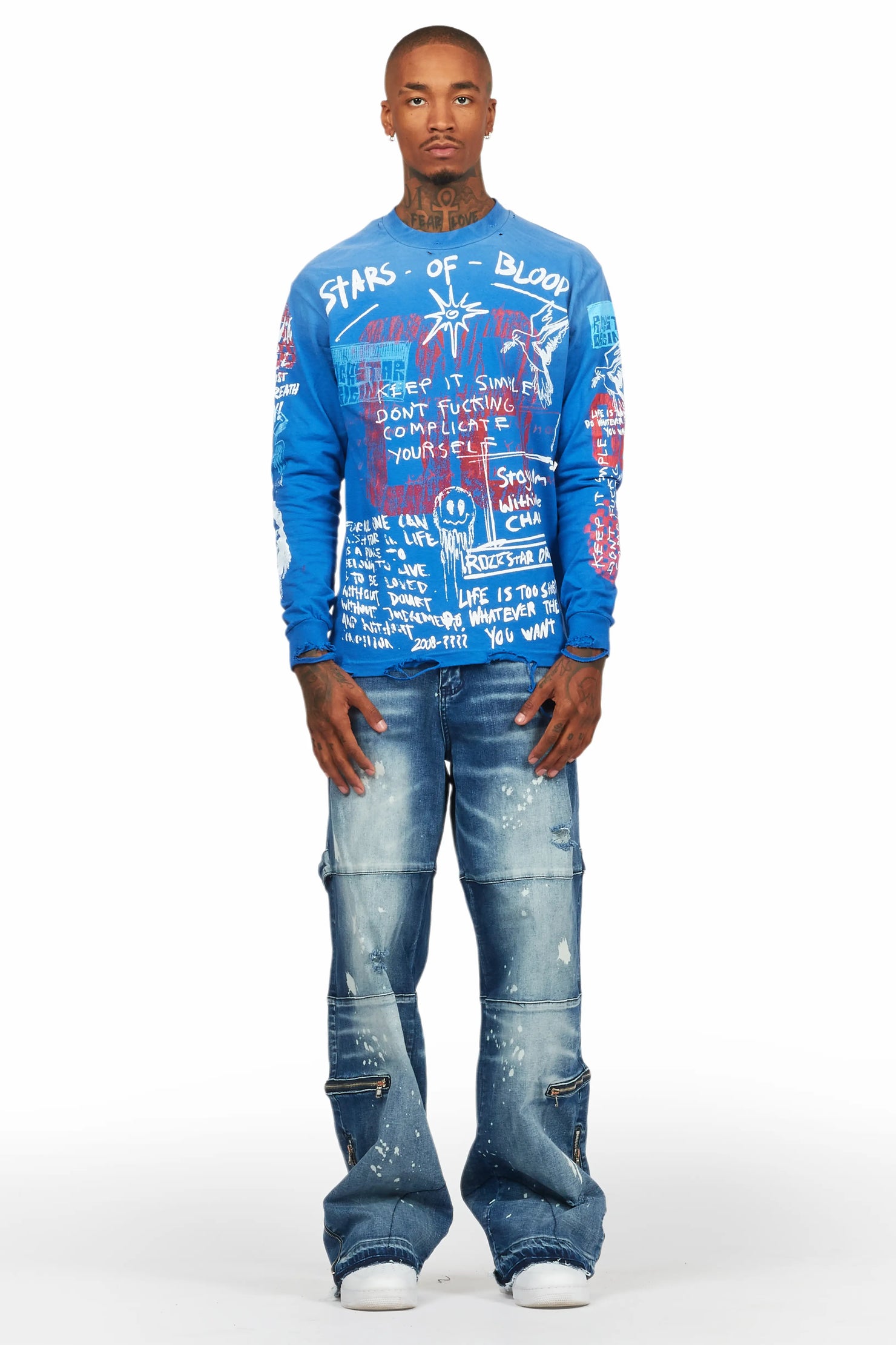 Gabin Royal Blue Long Sleeve Graphic T-Shirt