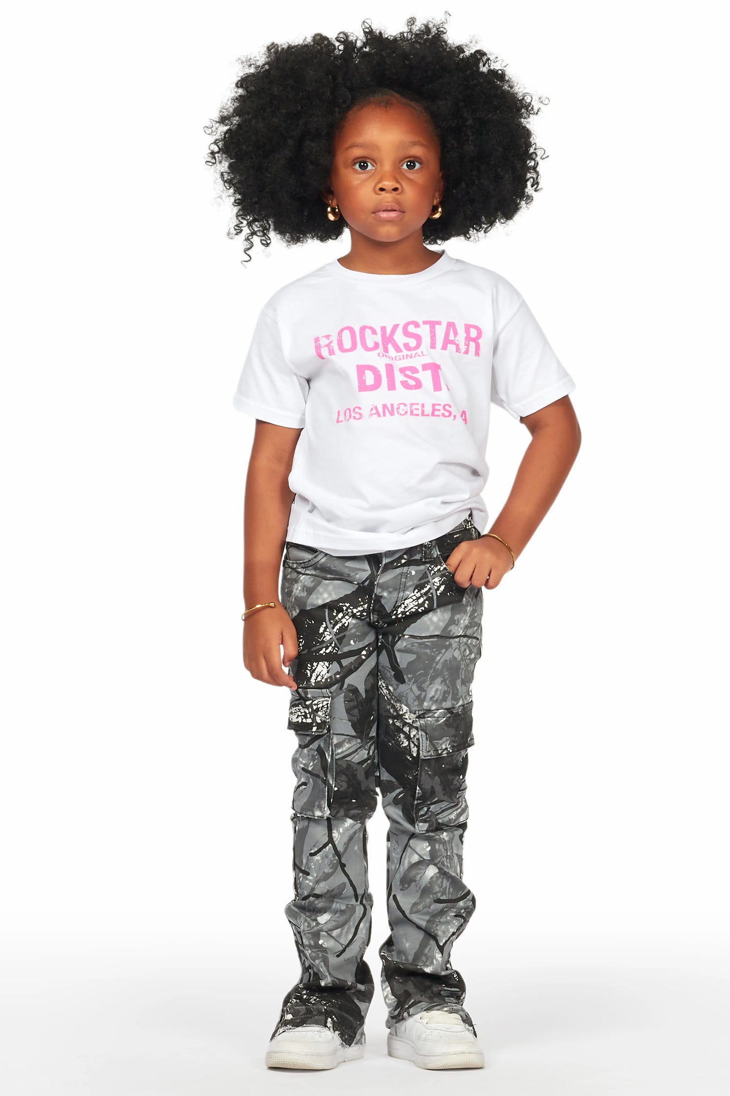 Girls Amiry Grey Camo Stacked Flare Cargo Jean