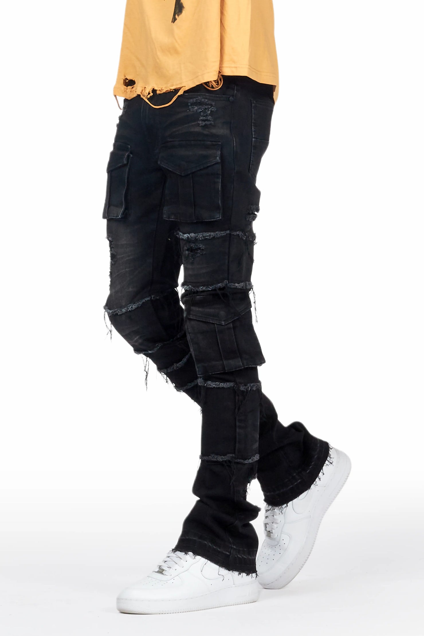 Folant Black Stacked Cargo Flare Jean