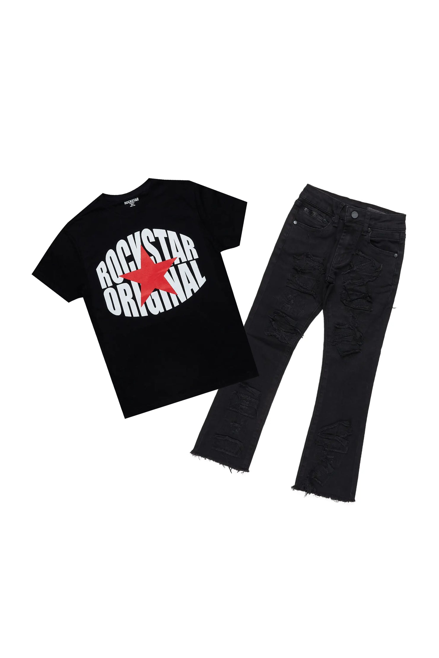 Boys Easton Black T-Shirt/Stacked Flare Jean Set