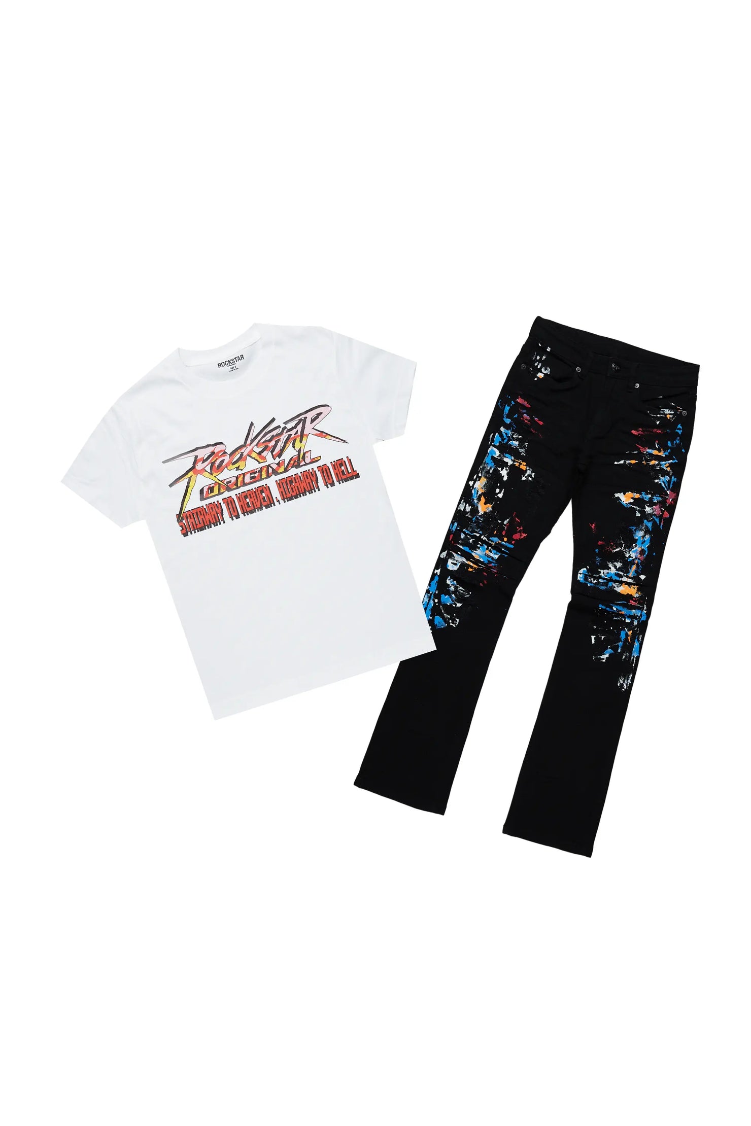 Boys Sagen White T-Shirt/Stacked Flare Jean Set