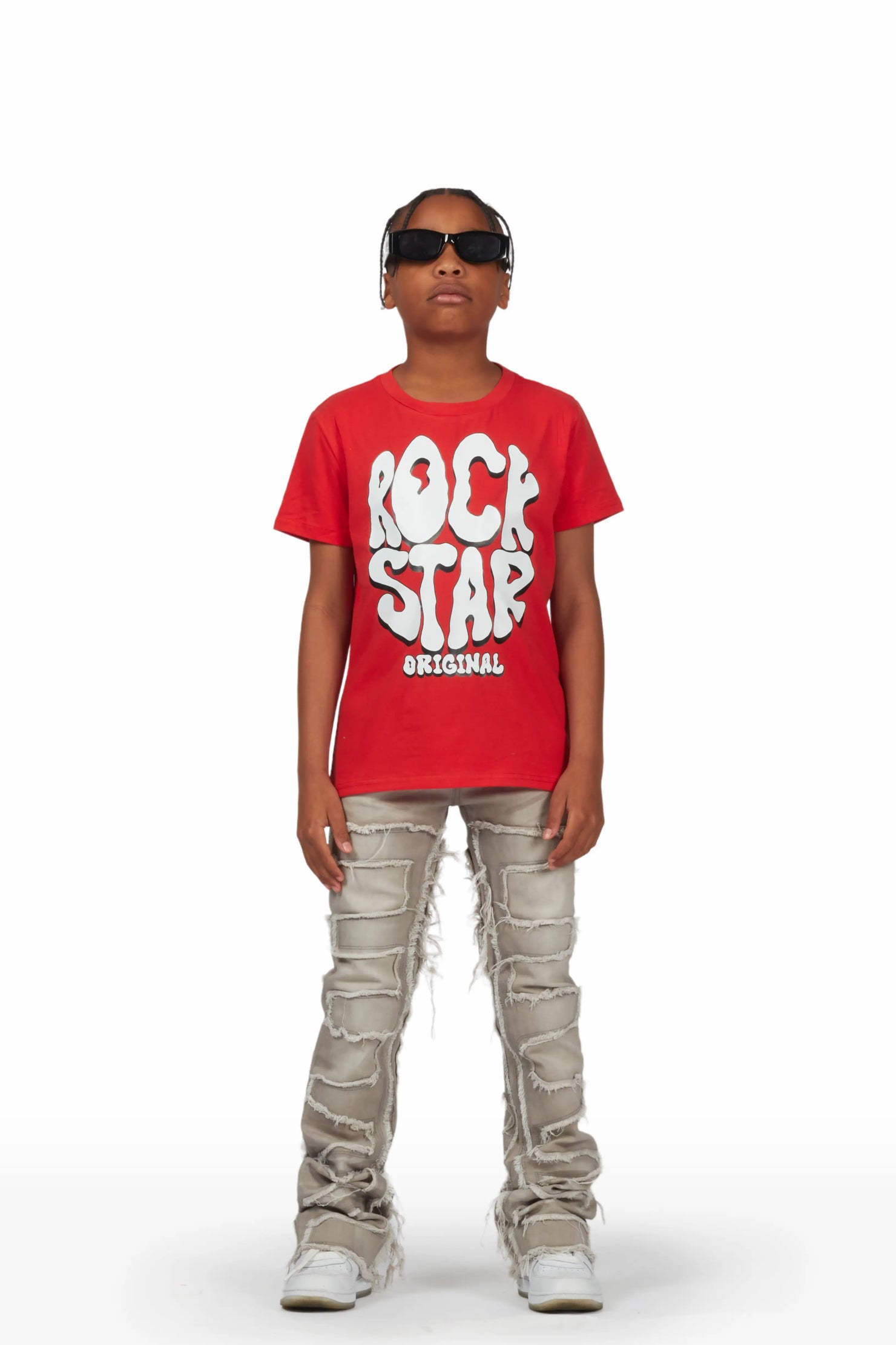 Boys Royston Grey/Red T-Shirt/Super Stacked Flare Jean Set