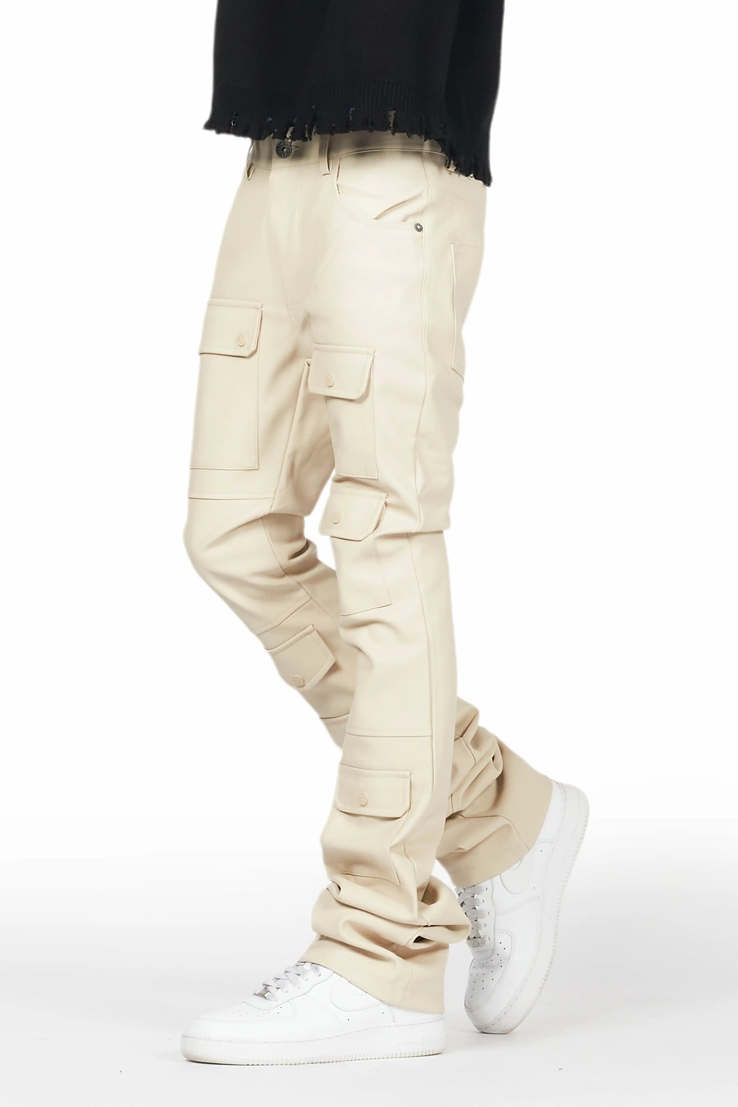 Barossa Beige PU Cargo Stacked Flare Jean