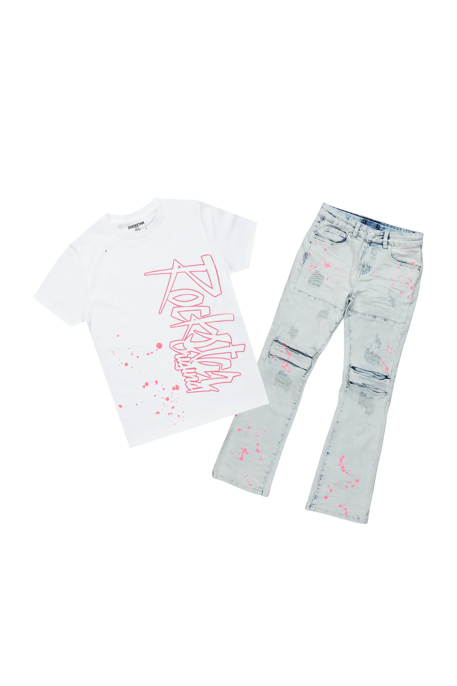 Girls Wenna White T-Shirt/Stacked Flare Jean Set