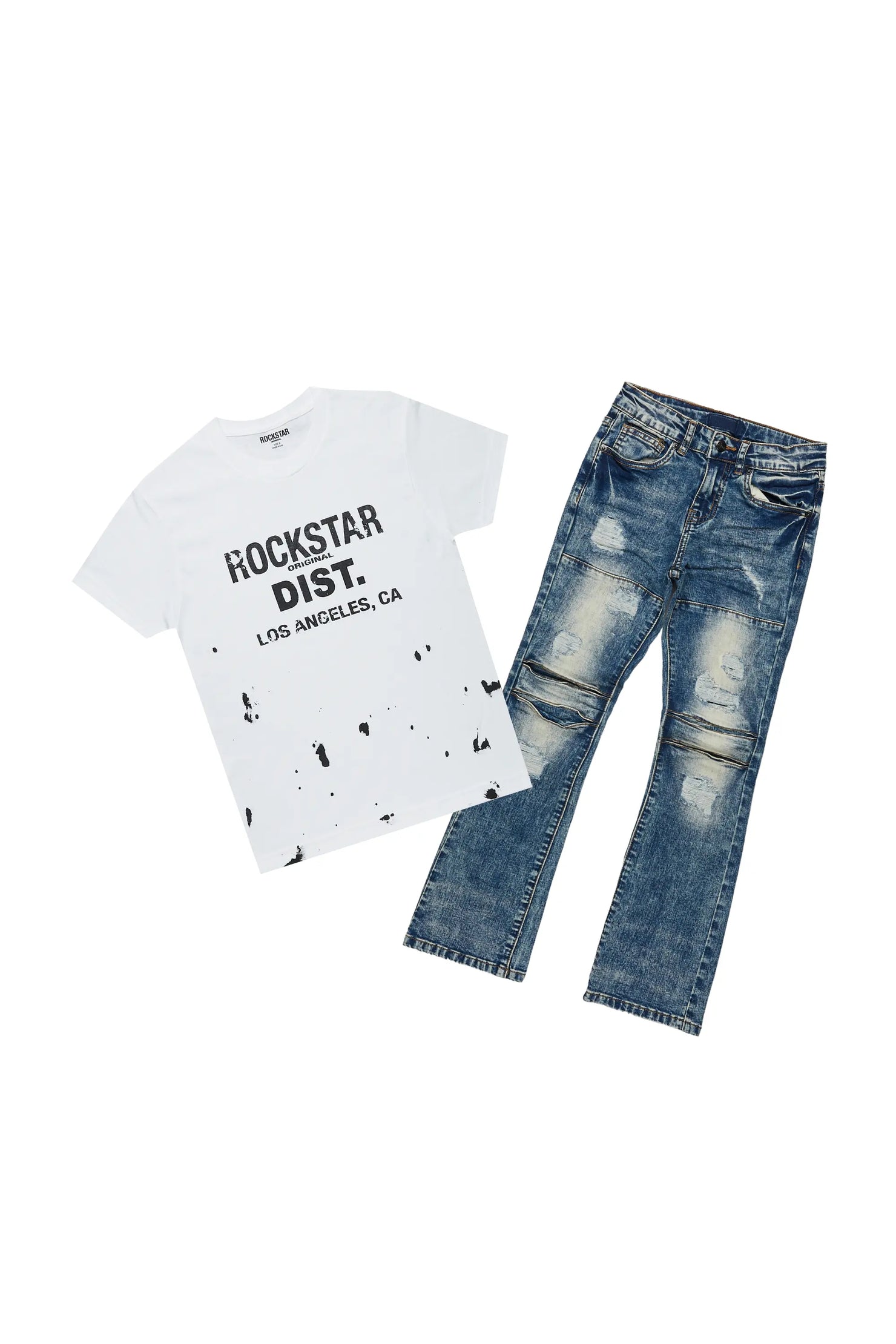 Boys Yasir White/Vintage T-Shirt/Stacked Flare Jean Set