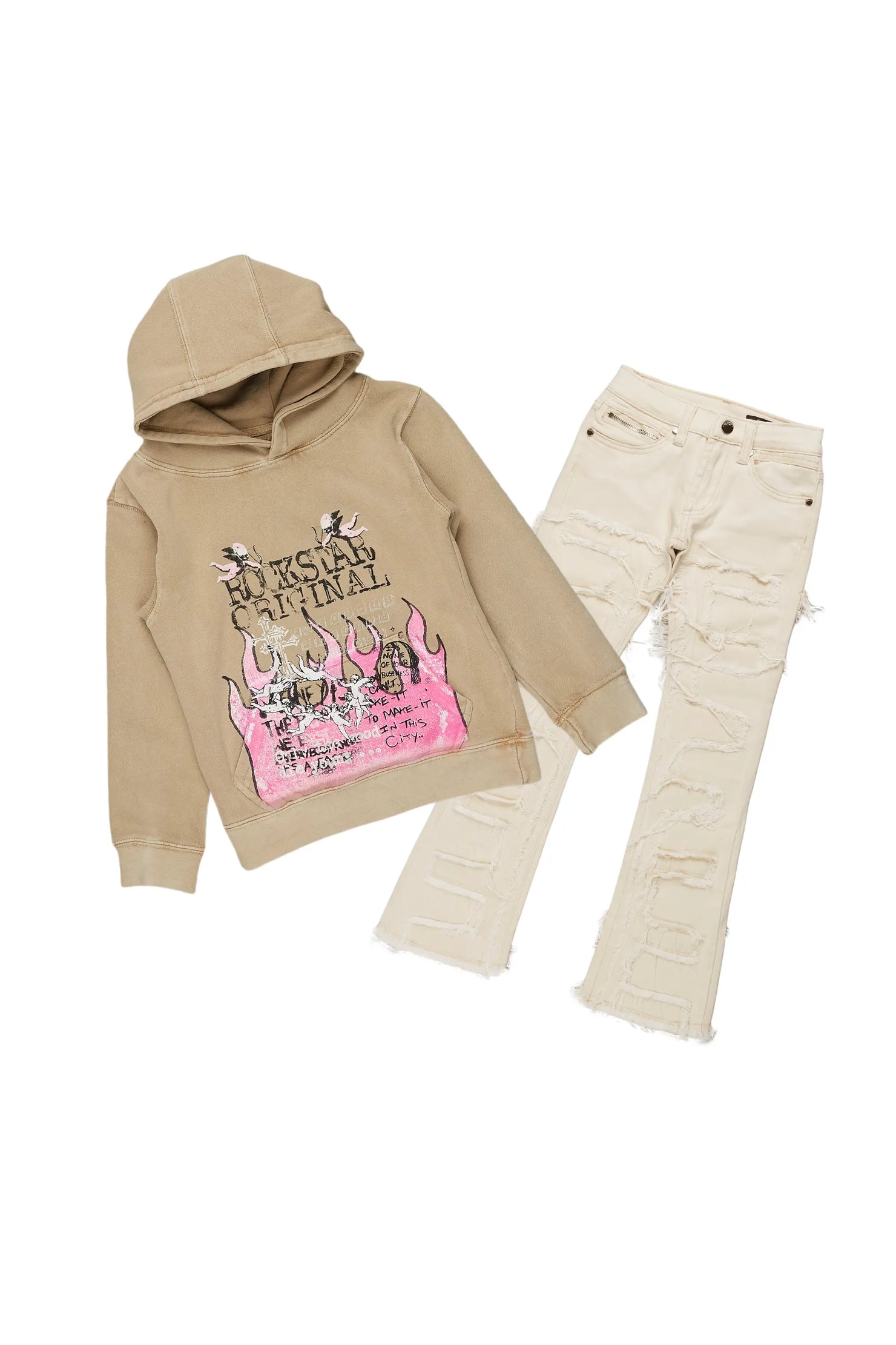 Girls Leira Vintage Beige Hoodie/Stacked Flare Jean Set