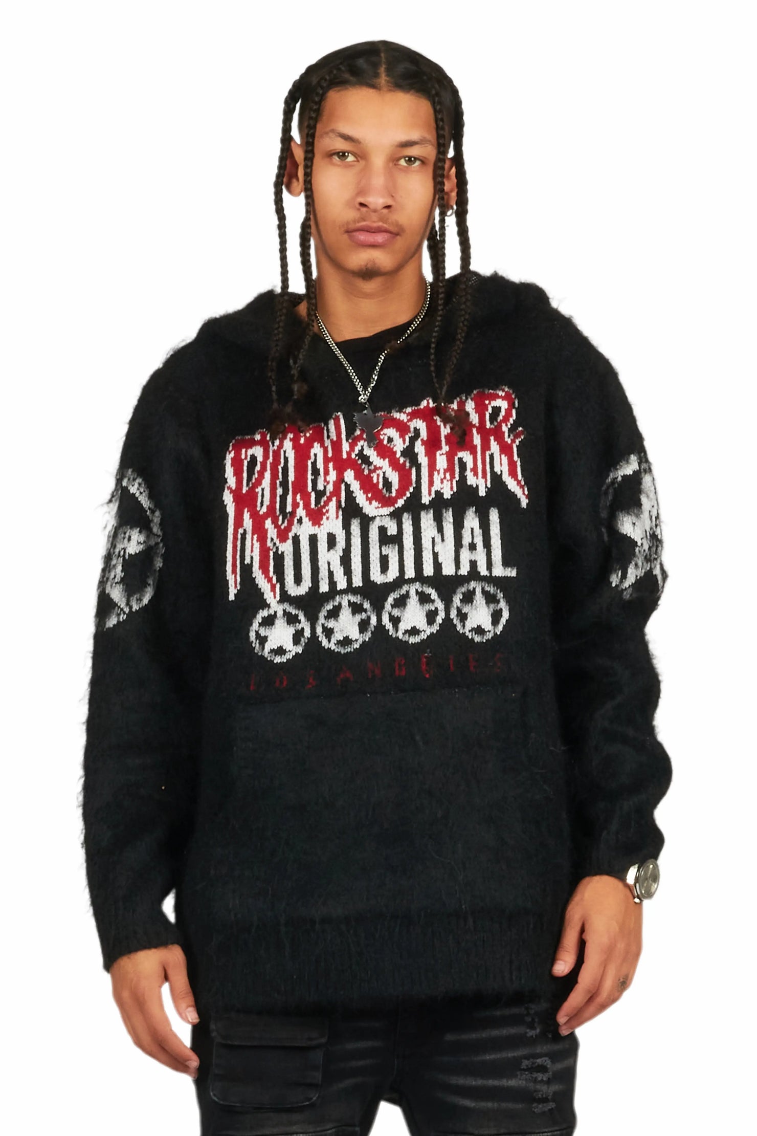 Wizzurd Black Graphic Knitted Mohair Hoodie